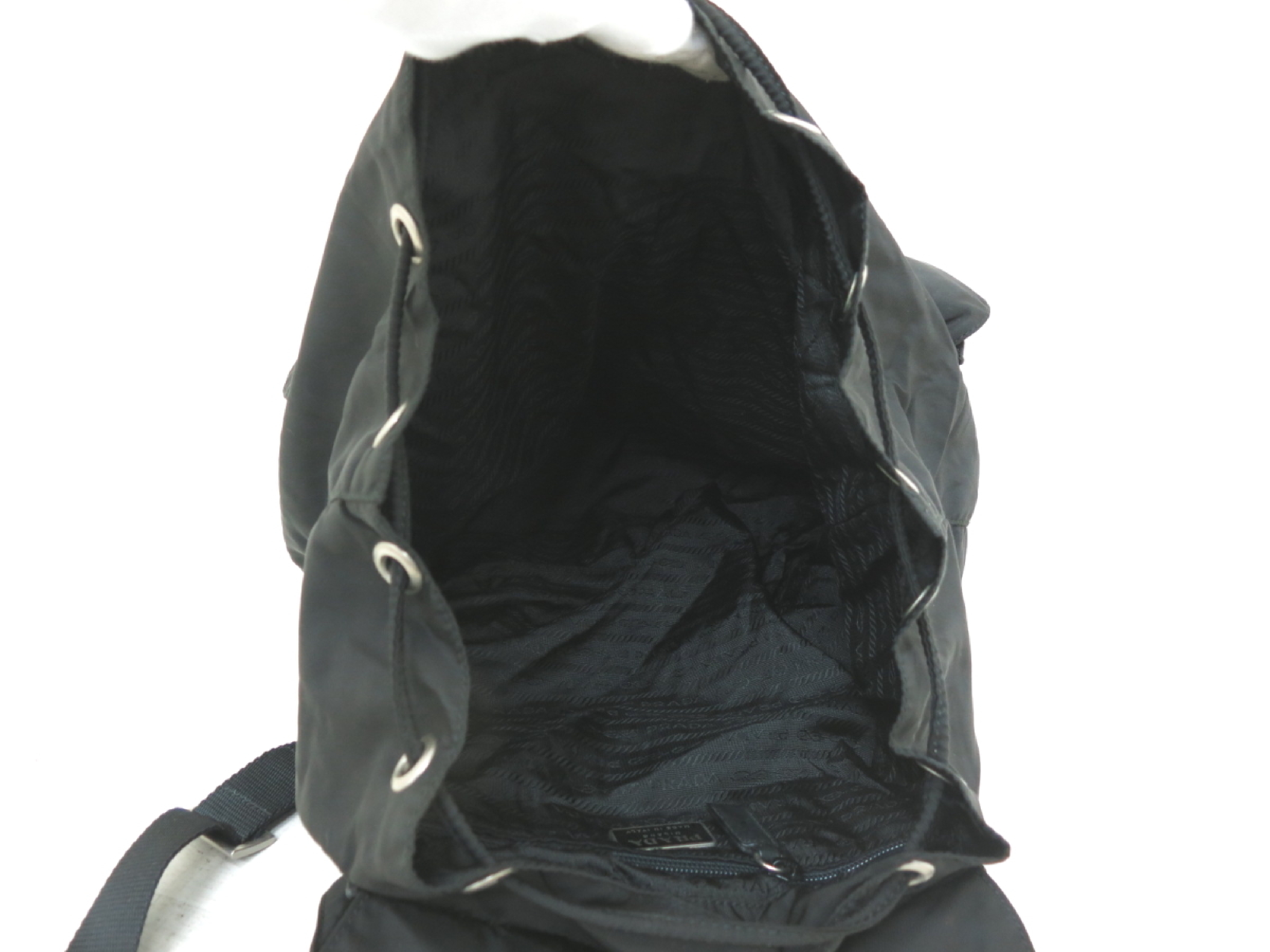 Triangle Logo Plate Nylon Calfskin Backpack Black — view 7
