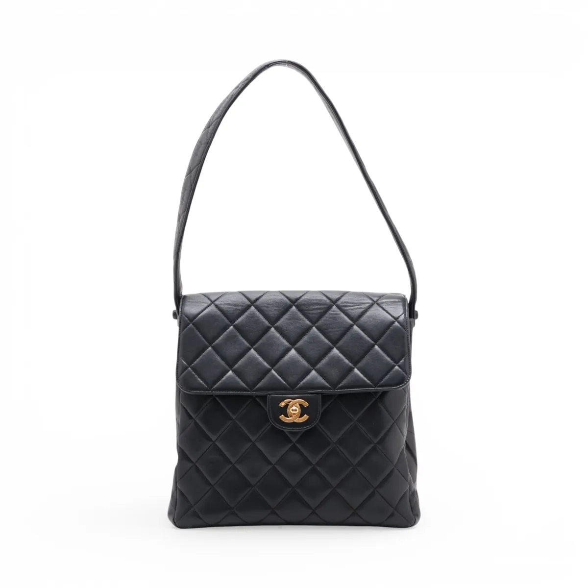 Matelassé Lambskin Shoulder Bag, Double-faced, Black with Gold Hardware — view 2