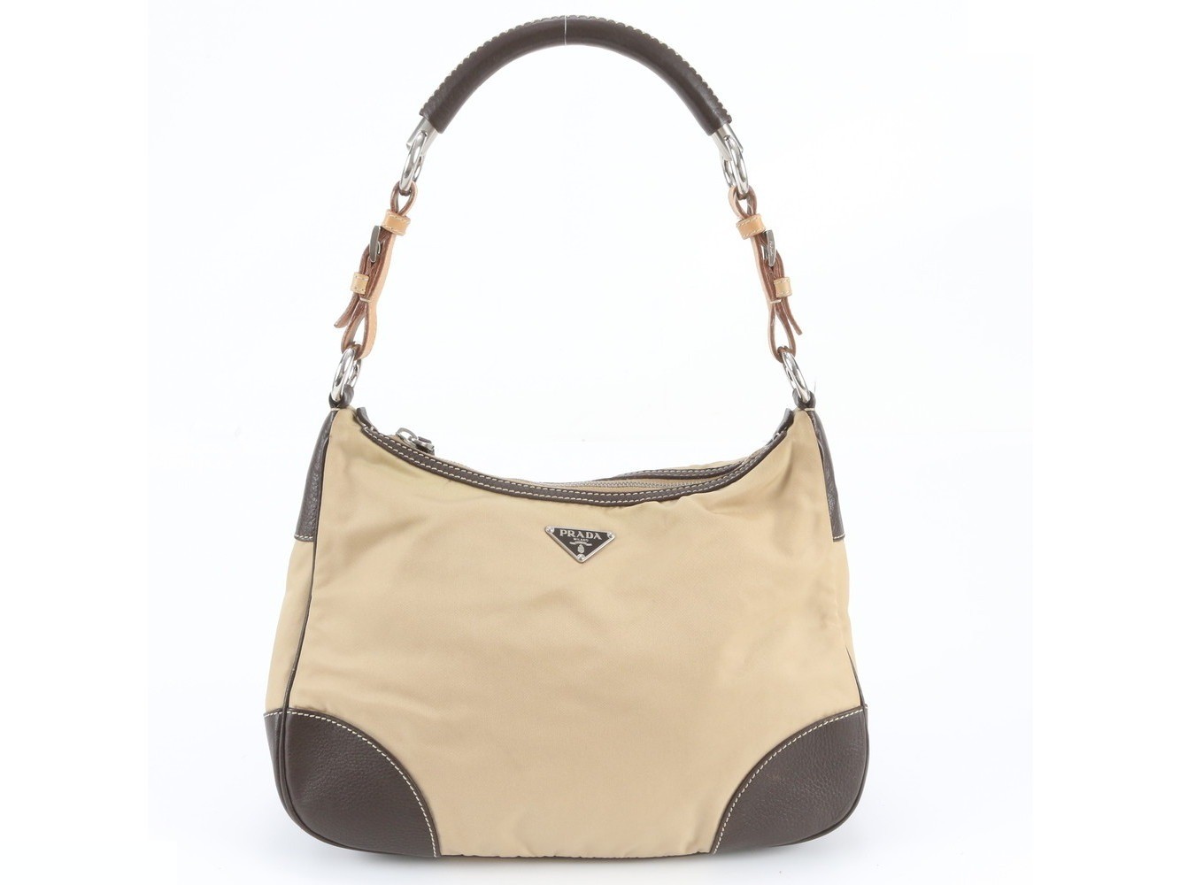 Tessuto Nylon Triangle Logo Leather Shoulder Bag