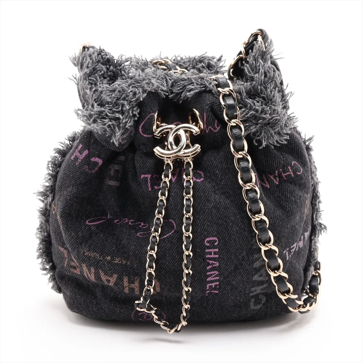 Matelassé Denim Chain Shoulder Bag, Logo, Drawstring, Black, Gold Hardware, T6UAJA8G, Random Plate