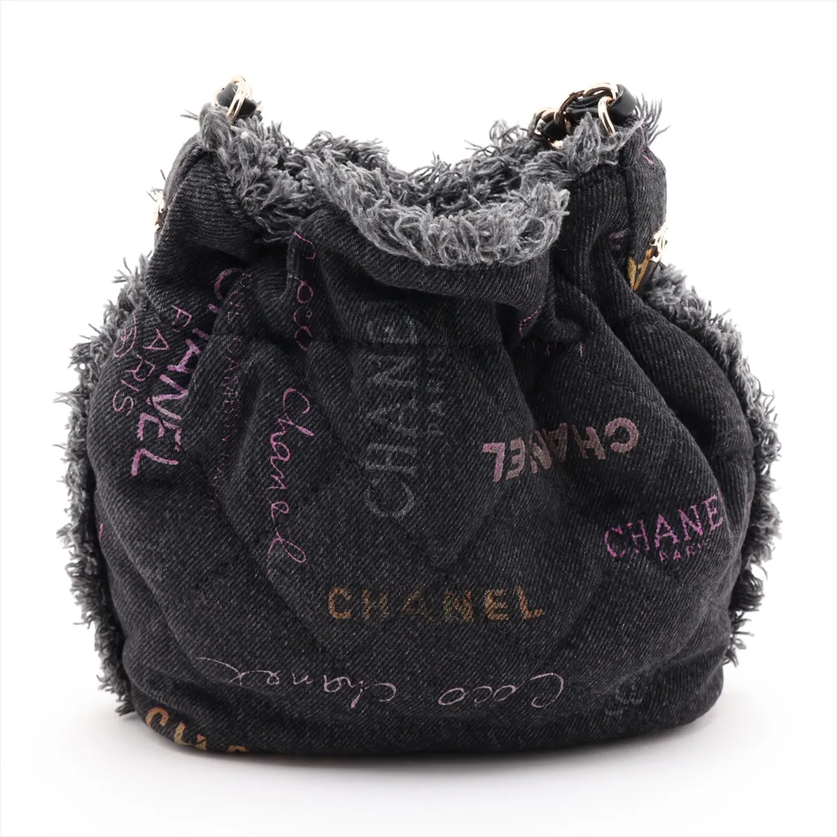Matelassé Denim Chain Shoulder Bag, Logo, Drawstring, Black, Gold Hardware, T6UAJA8G, Random Plate — view 2