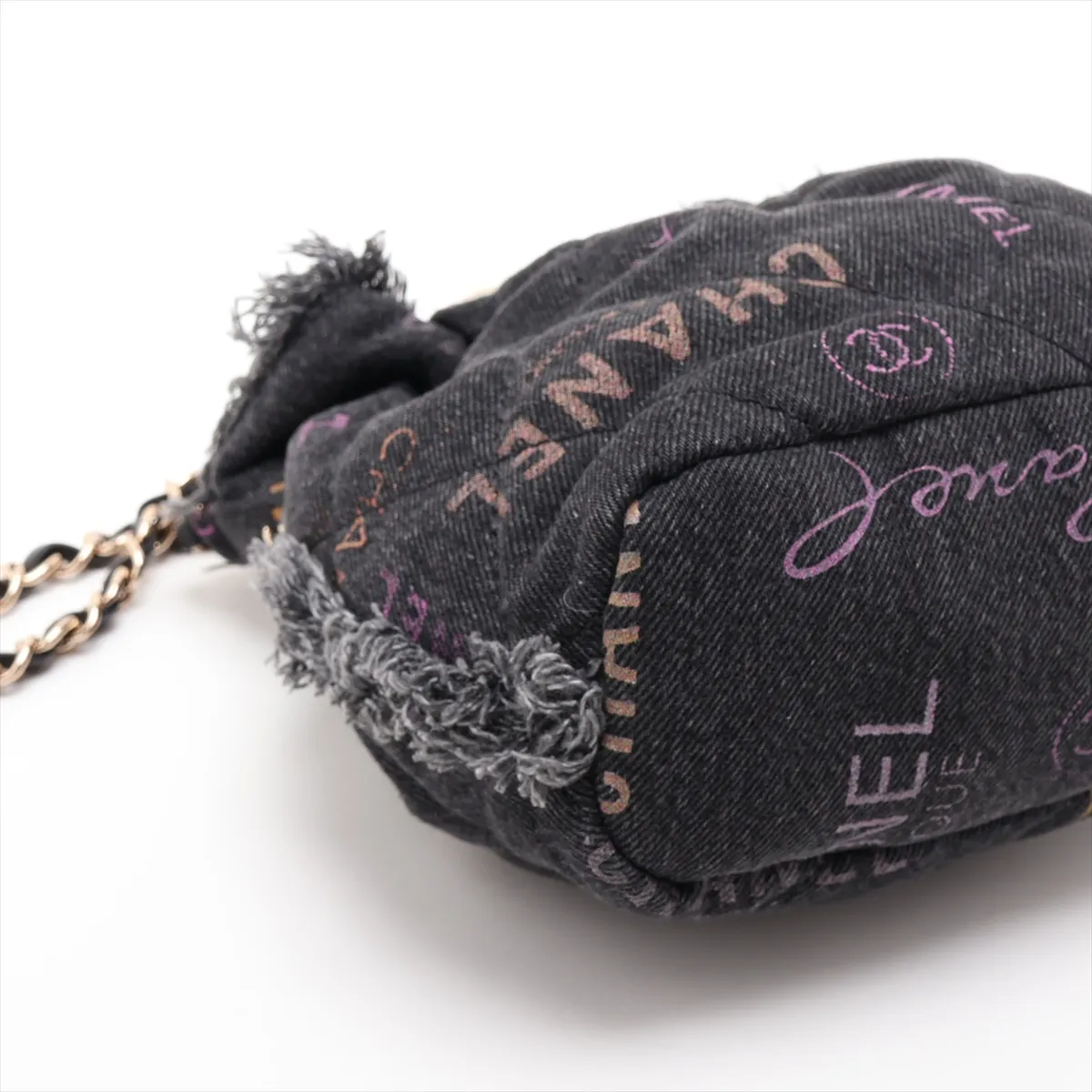 Matelassé Denim Chain Shoulder Bag, Logo, Drawstring, Black, Gold Hardware, T6UAJA8G, Random Plate — view 4