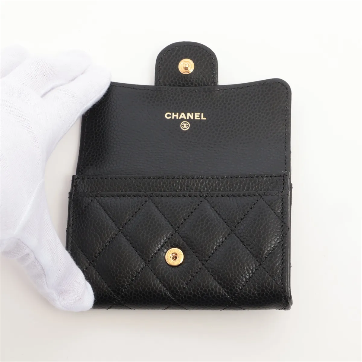 Matelassé Caviar Skin Card Case, Black with Gold Hardware, TPG947L6 — view 3