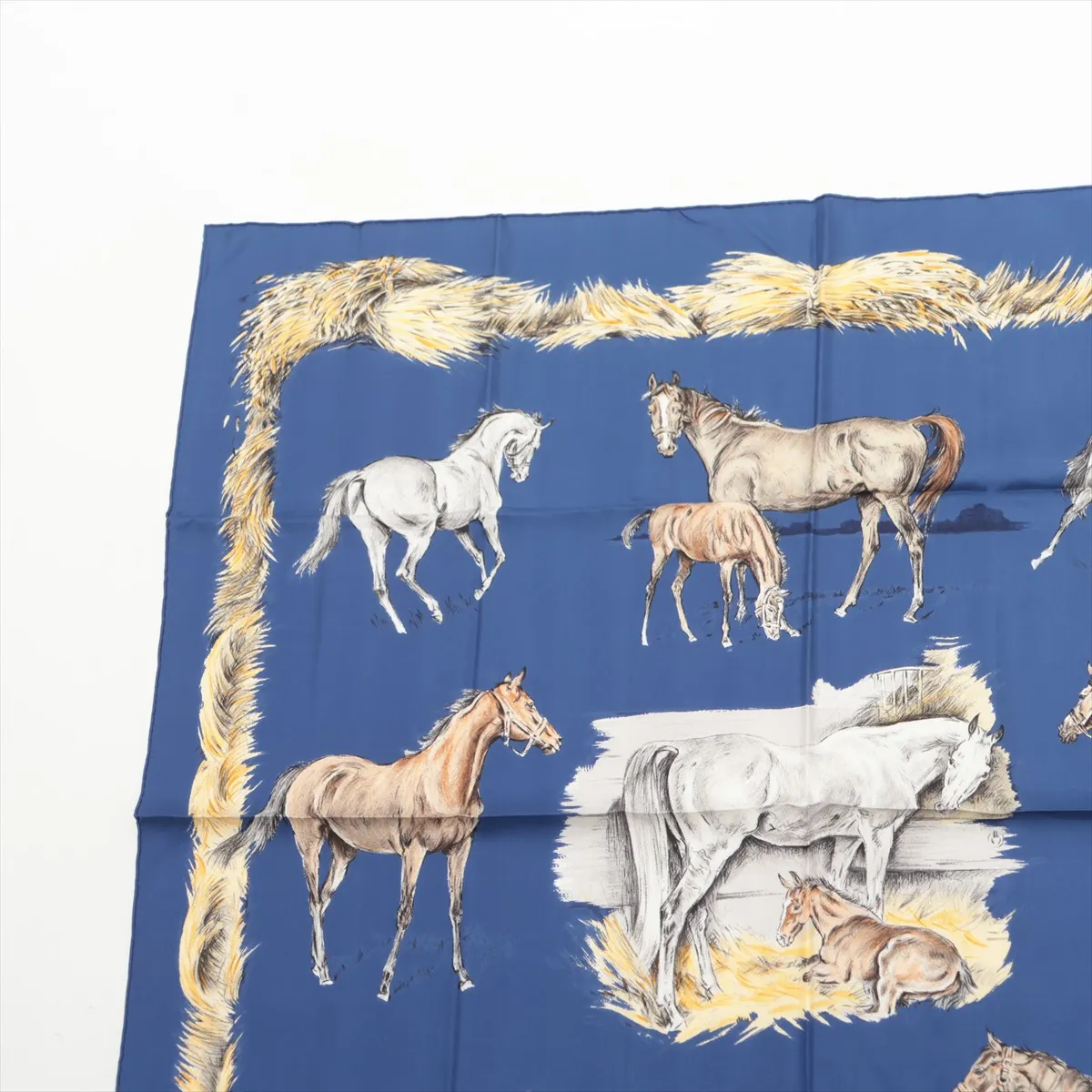 Carre 90 Les Poulains Xavier de Poret Scarf with Foal Illustration, Silk, Navy, Slight wear and tear. — view 2