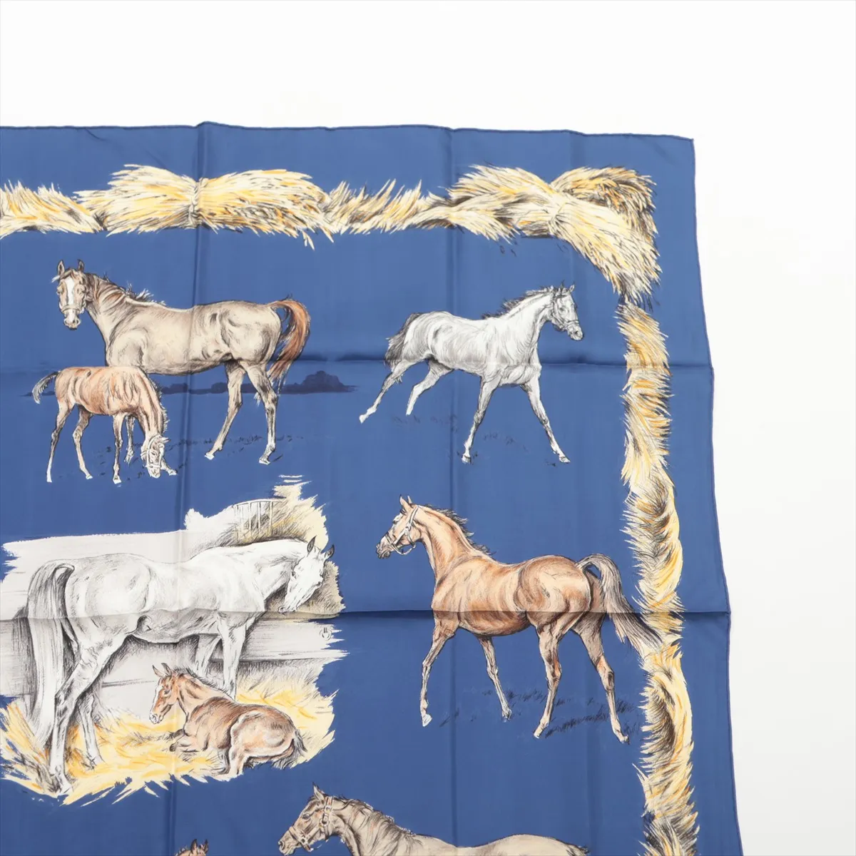 Carre 90 Les Poulains Xavier de Poret Scarf with Foal Illustration, Silk, Navy, Slight wear and tear. — view 3