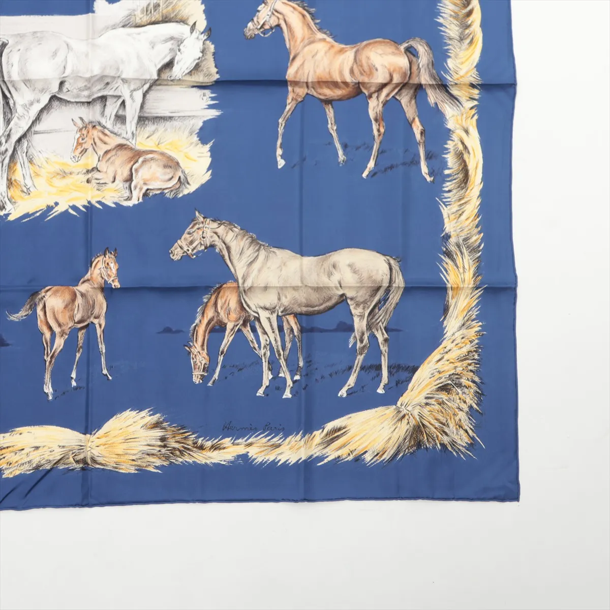 Carre 90 Les Poulains Xavier de Poret Scarf with Foal Illustration, Silk, Navy, Slight wear and tear. — view 4