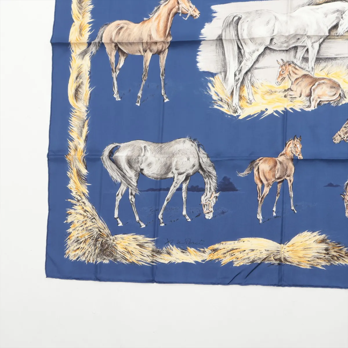 Carre 90 Les Poulains Xavier de Poret Scarf with Foal Illustration, Silk, Navy, Slight wear and tear. — view 5