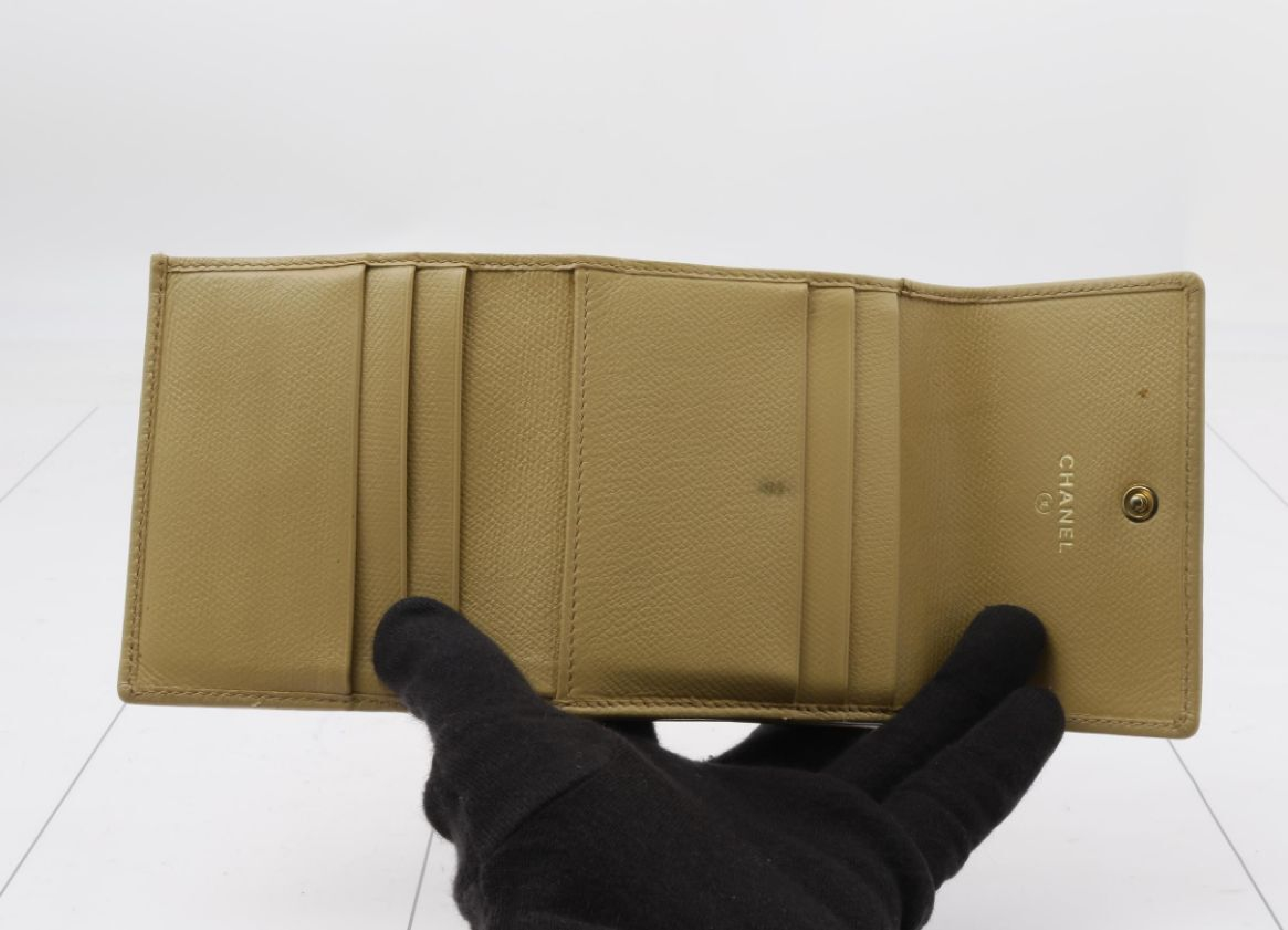 Coco Button Tri-fold Wallet, Beige, Serial Number 8 — view 4