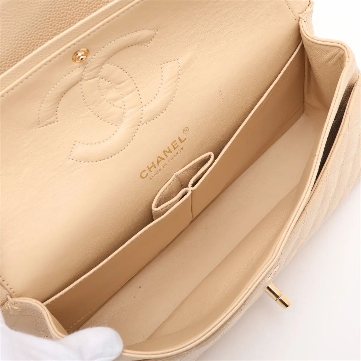 [Individually packaged] Chanel Matelassé 25 Caviar Skin Double Flap Double Chain Bag, Beige, Gold Hardware, 9601621, Series 9, A01112 — view 7