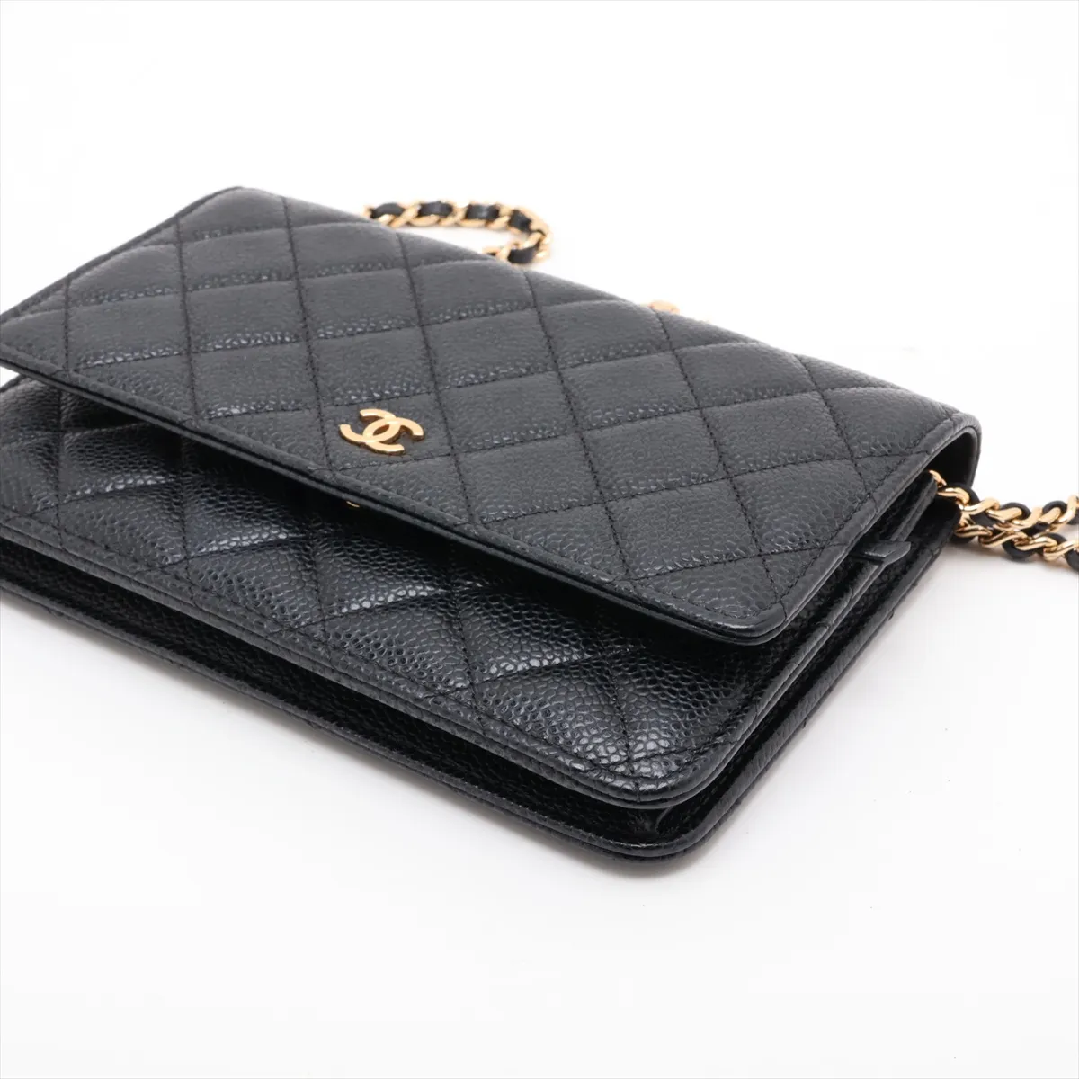 Matelassé Caviar Skin Chain Wallet, Black with Gold Hardware, 26778469, Serial Number 26-250 — view 3