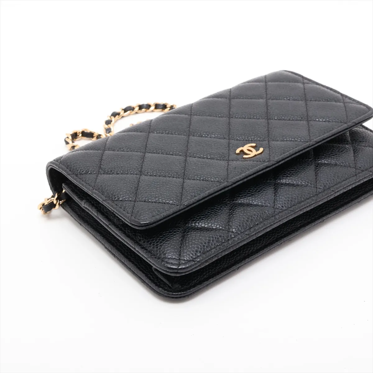 Matelassé Caviar Skin Chain Wallet, Black with Gold Hardware, 26778469, Serial Number 26-250 — view 4