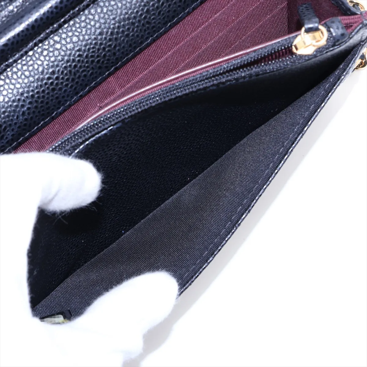 Matelassé Caviar Skin Chain Wallet, Black with Gold Hardware, 26778469, Serial Number 26-250 — view 9