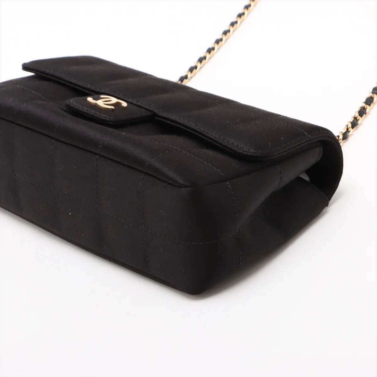 Chocolate Bar Satin x Leather Chain Shoulder Bag, Black with Gold Hardware, 13918107, Series 13 — view 3