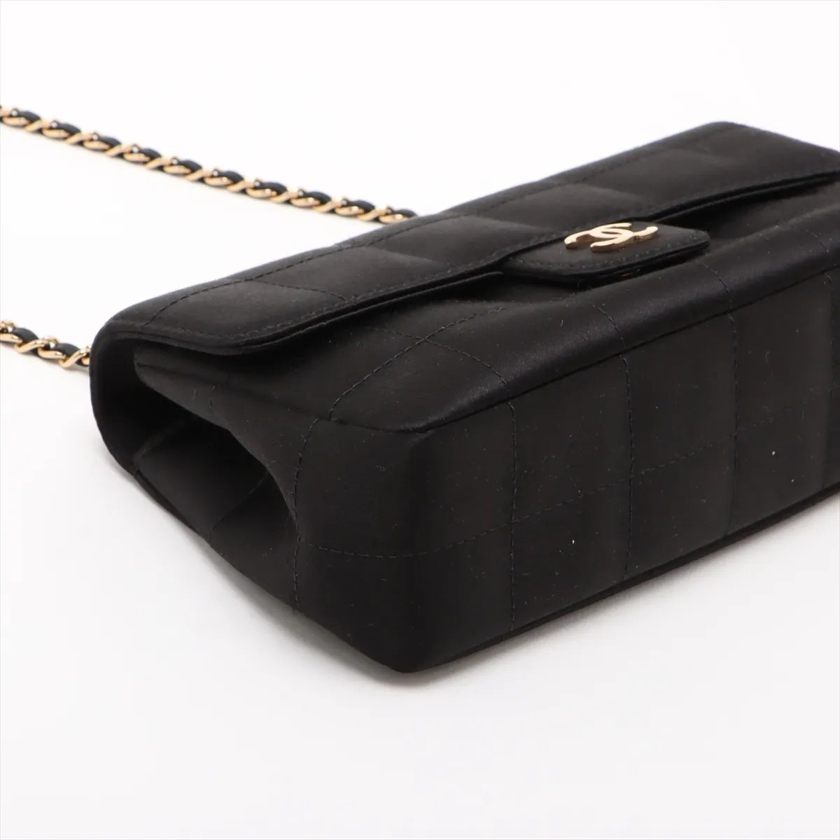 Chocolate Bar Satin x Leather Chain Shoulder Bag, Black with Gold Hardware, 13918107, Series 13 — view 4
