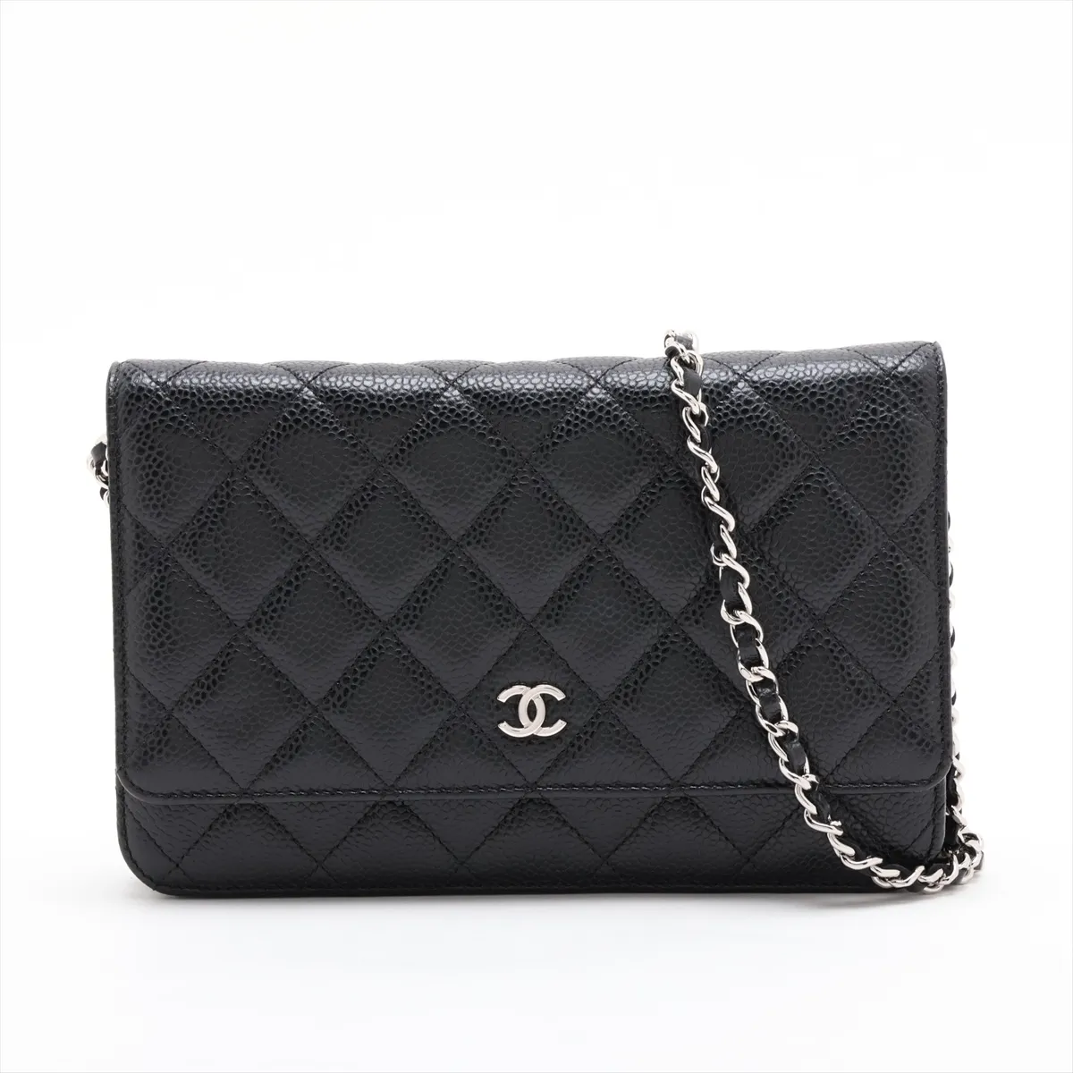 Matelassé Caviar Skin Chain Wallet, Black, Silver Hardware, K8XKCLKK, Random Plate