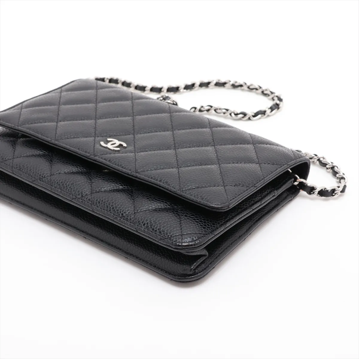 Matelassé Caviar Skin Chain Wallet, Black, Silver Hardware, K8XKCLKK, Random Plate — view 3