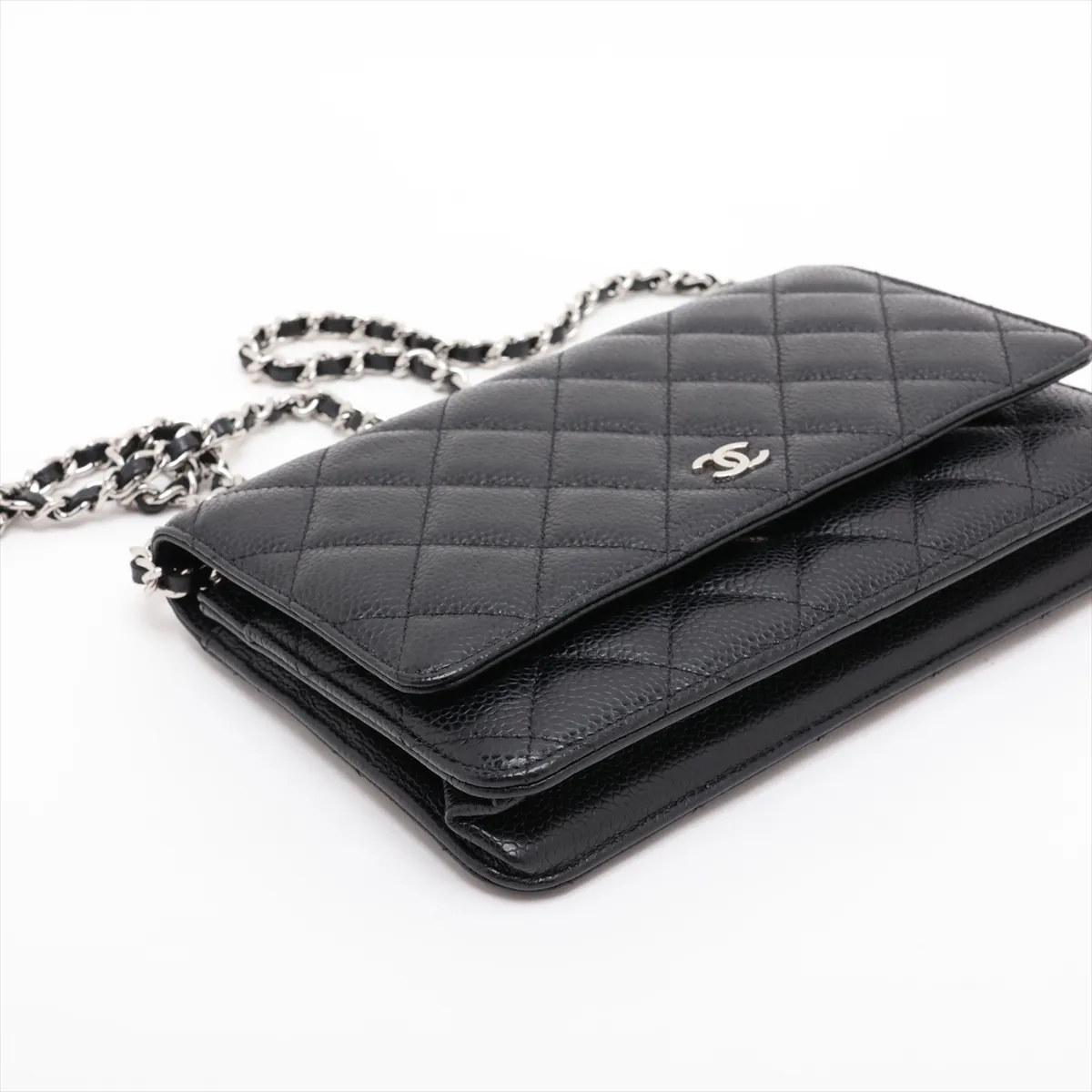 Matelassé Caviar Skin Chain Wallet, Black, Silver Hardware, K8XKCLKK, Random Plate — view 4