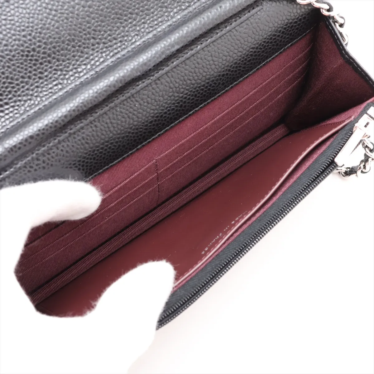 Matelassé Caviar Skin Chain Wallet, Black, Silver Hardware, K8XKCLKK, Random Plate — view 6