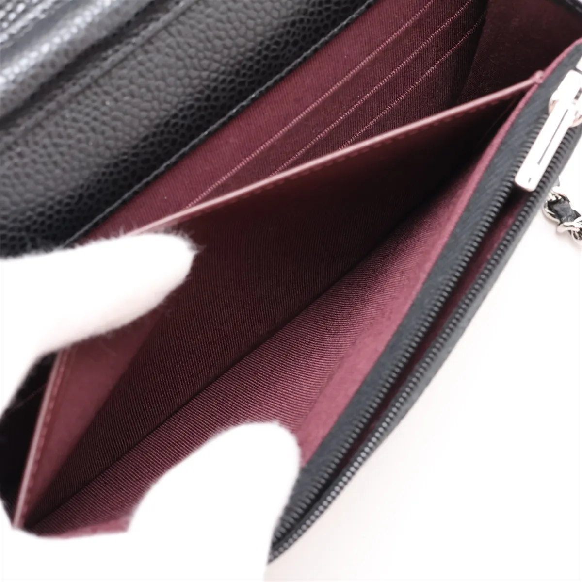 Matelassé Caviar Skin Chain Wallet, Black, Silver Hardware, K8XKCLKK, Random Plate — view 7