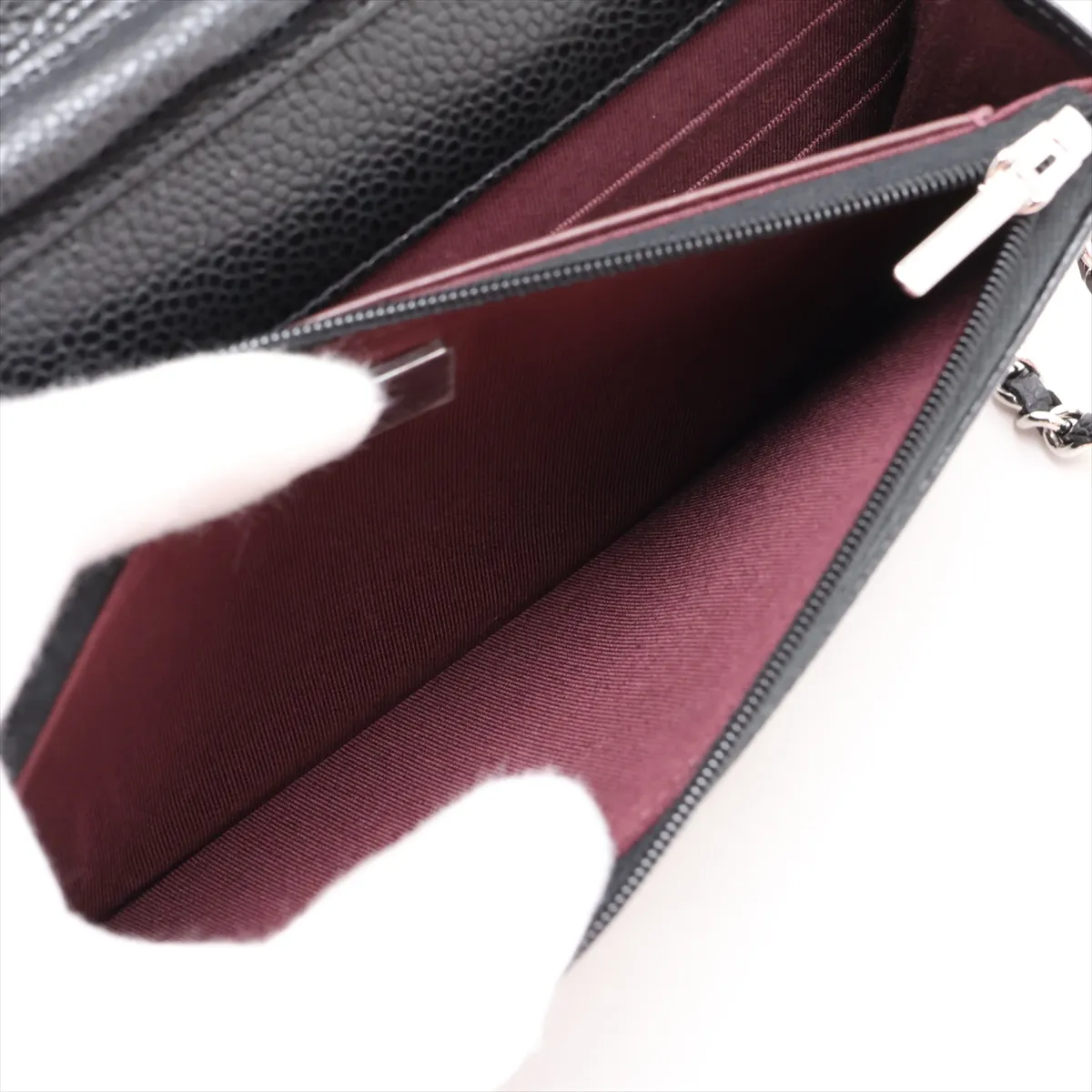 Matelassé Caviar Skin Chain Wallet, Black, Silver Hardware, K8XKCLKK, Random Plate — view 8