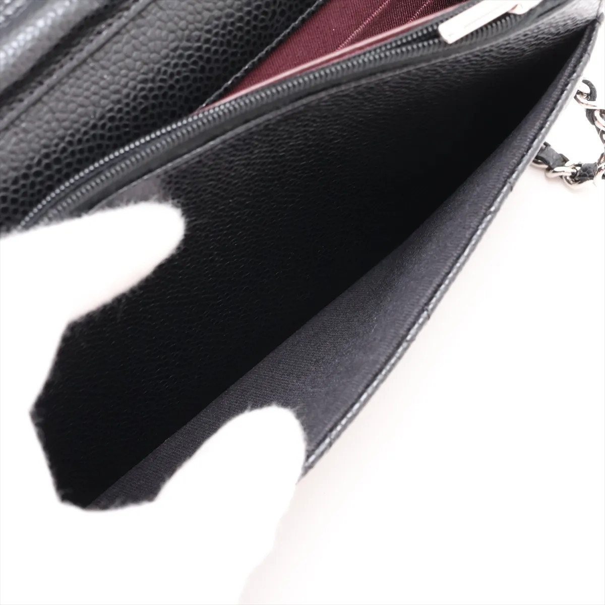 Matelassé Caviar Skin Chain Wallet, Black, Silver Hardware, K8XKCLKK, Random Plate — view 9