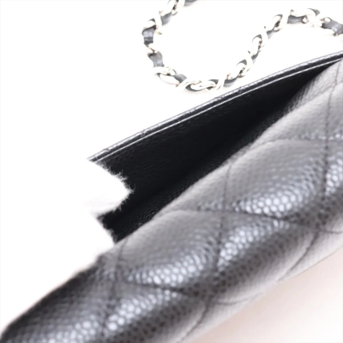Matelassé Caviar Skin Chain Wallet, Black, Silver Hardware, K8XKCLKK, Random Plate — view 10