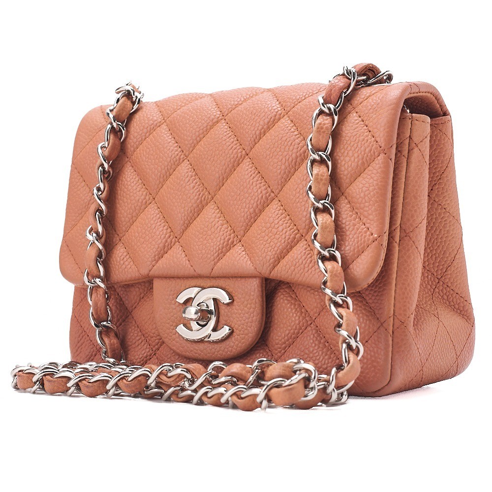 Caviar Skin Mini Matelassé Single Chain Shoulder Bag, Pink Orange — view 3