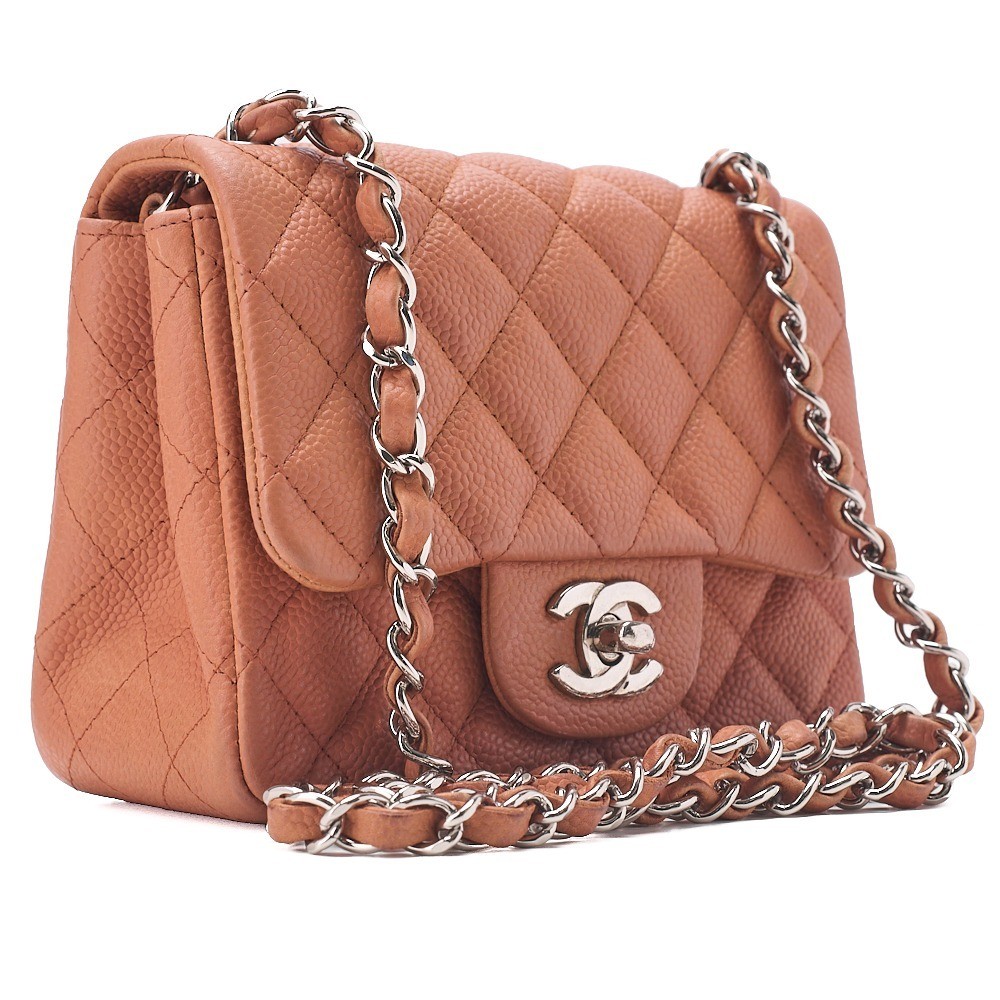 Caviar Skin Mini Matelassé Single Chain Shoulder Bag, Pink Orange — view 4