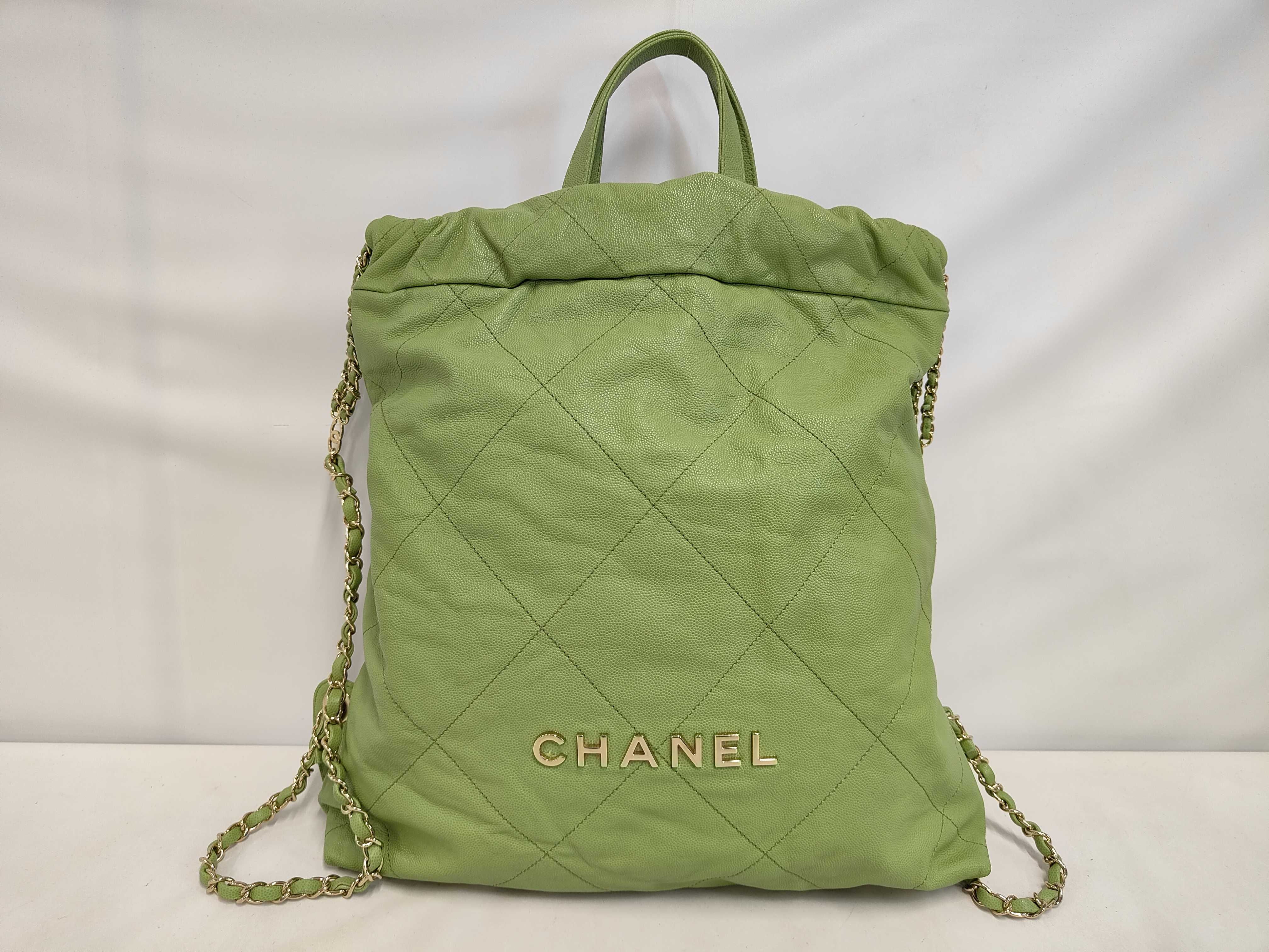 22 Caviar Skin Gold Hardware Chain Backpack Rucksack with Serial Number Plate, Green Bag