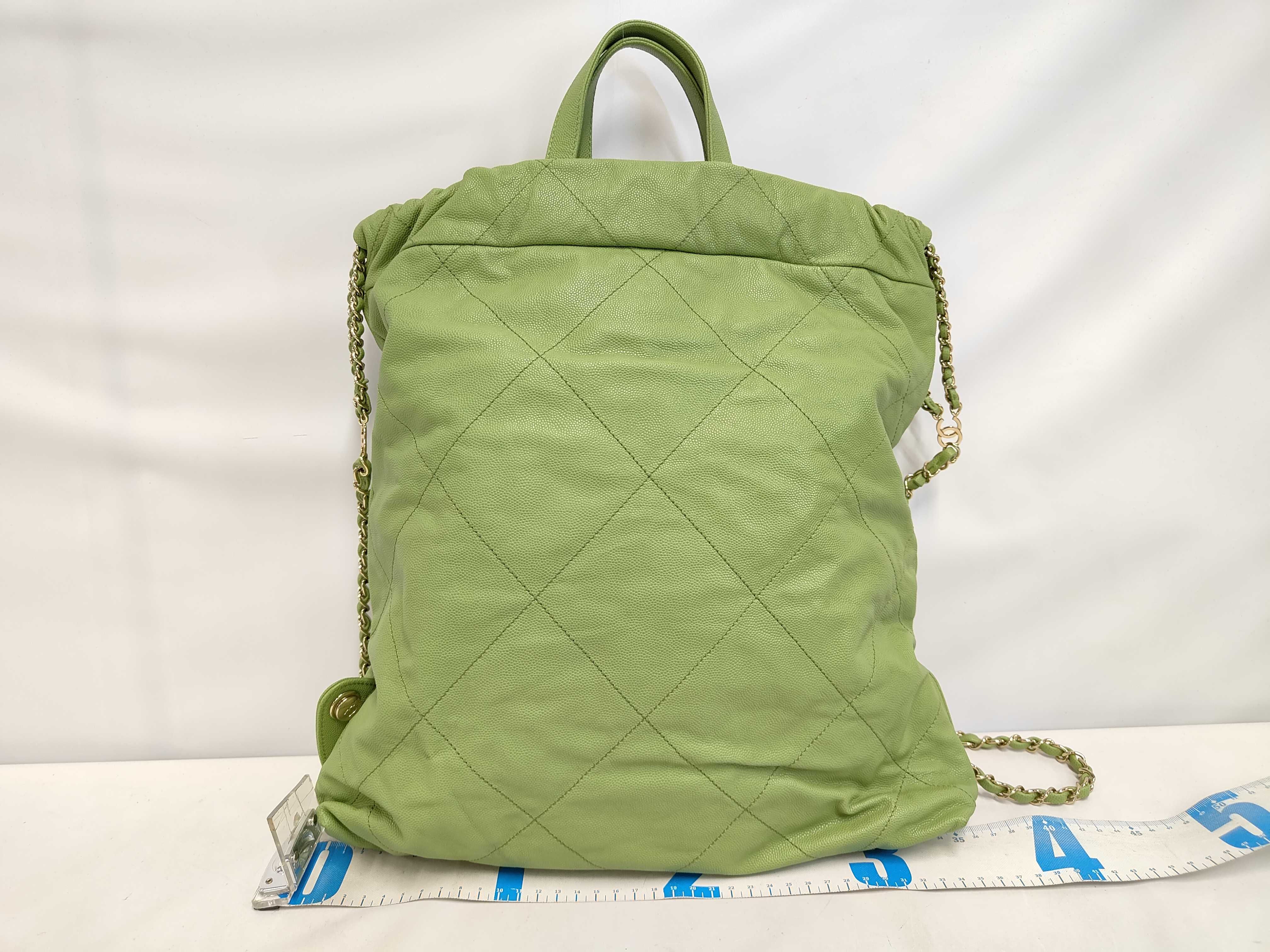 22 Caviar Skin Gold Hardware Chain Backpack Rucksack with Serial Number Plate, Green Bag — view 2