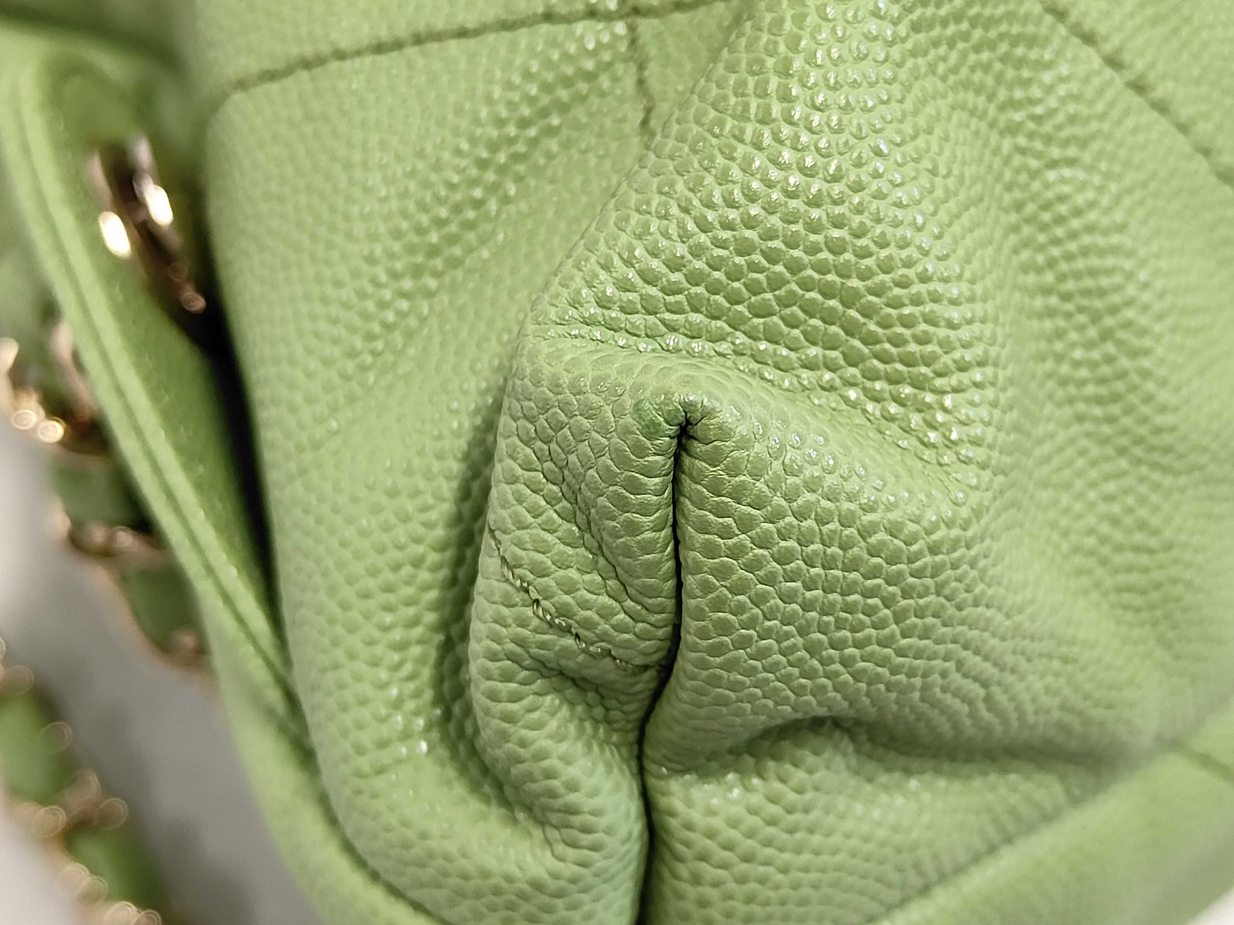 22 Caviar Skin Gold Hardware Chain Backpack Rucksack with Serial Number Plate, Green Bag — view 3