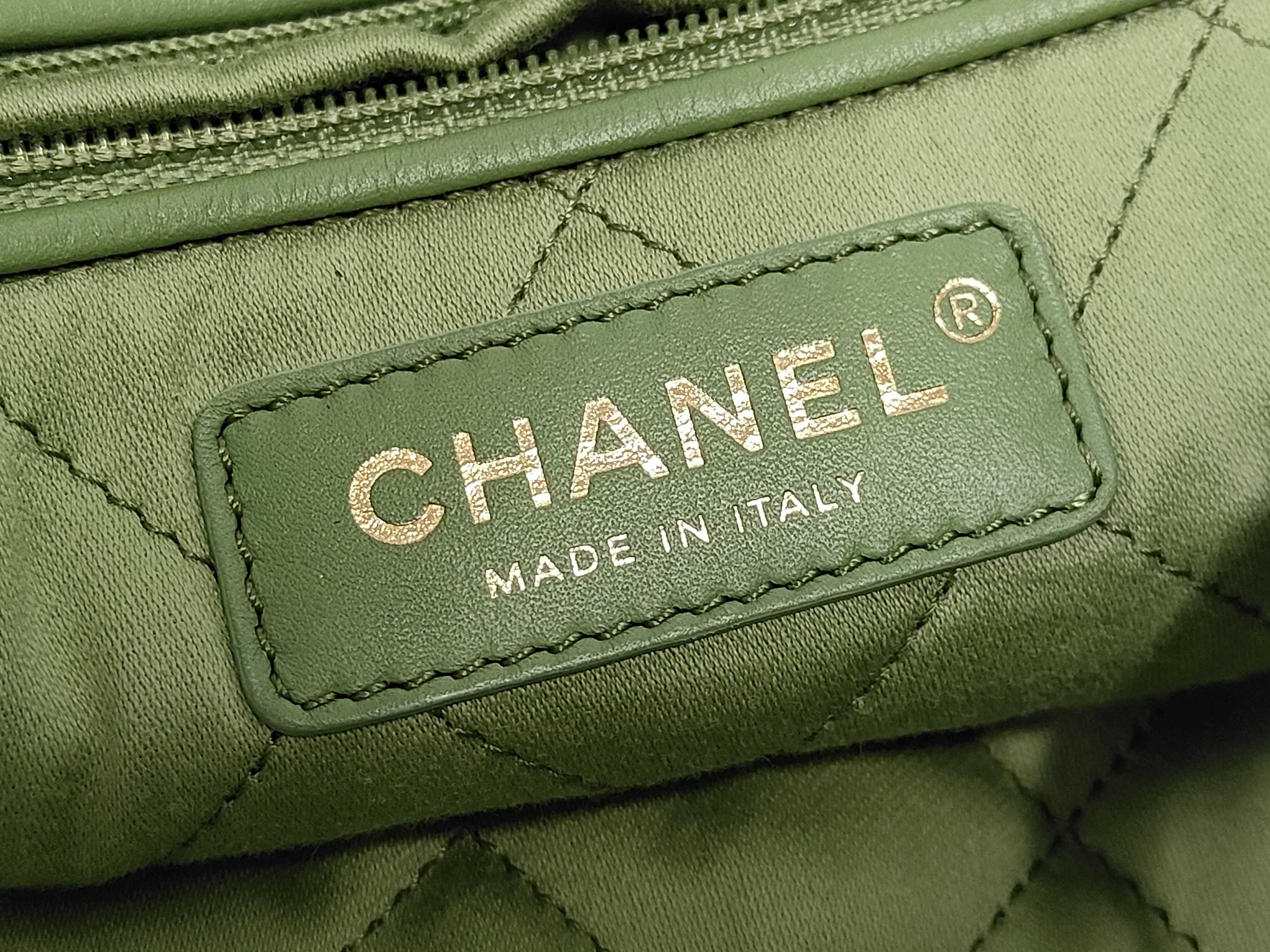 22 Caviar Skin Gold Hardware Chain Backpack Rucksack with Serial Number Plate, Green Bag — view 7