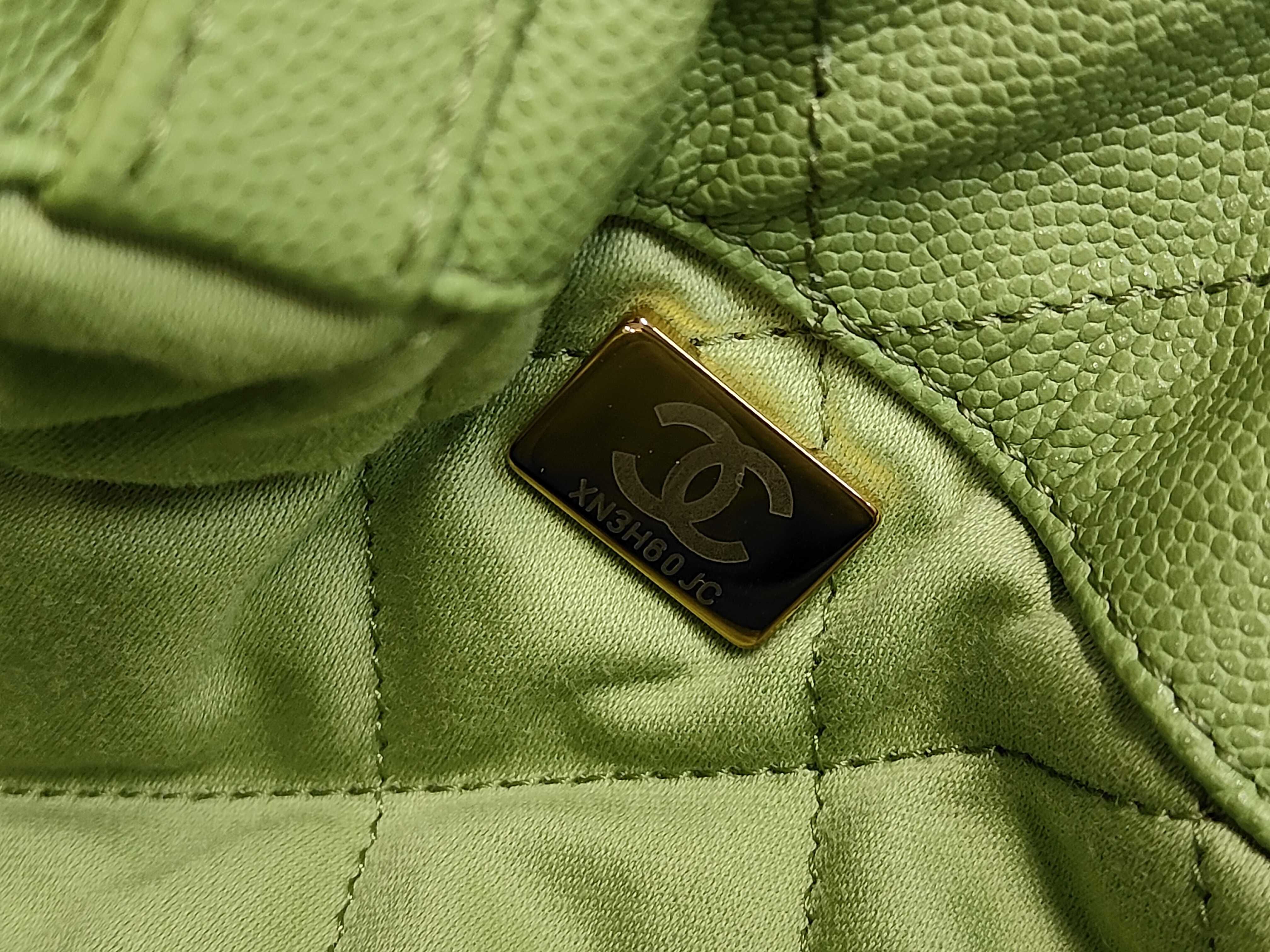 22 Caviar Skin Gold Hardware Chain Backpack Rucksack with Serial Number Plate, Green Bag — view 9