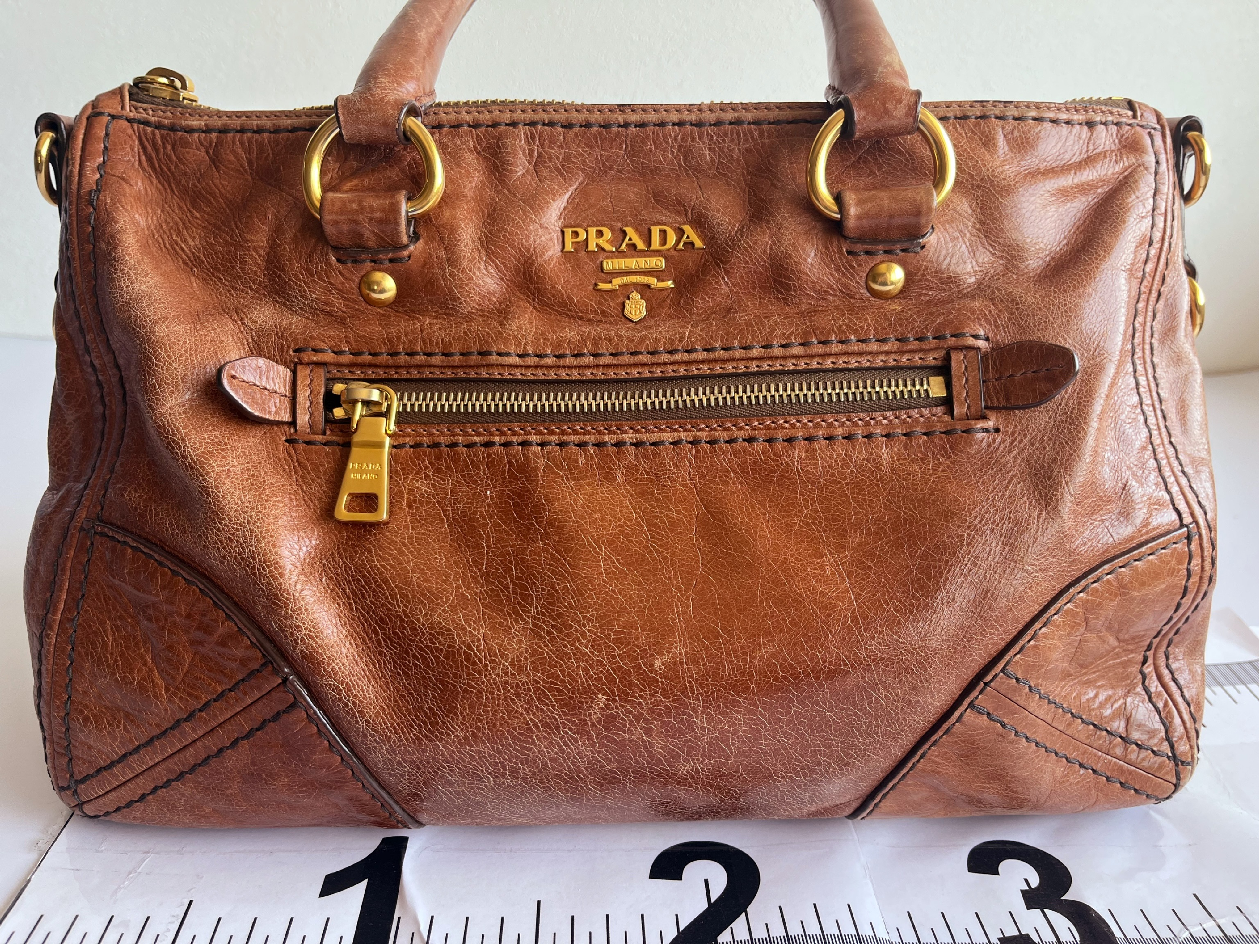 Vitello Shine Camel Shoulder Bag with Shoulder Strap — view 2