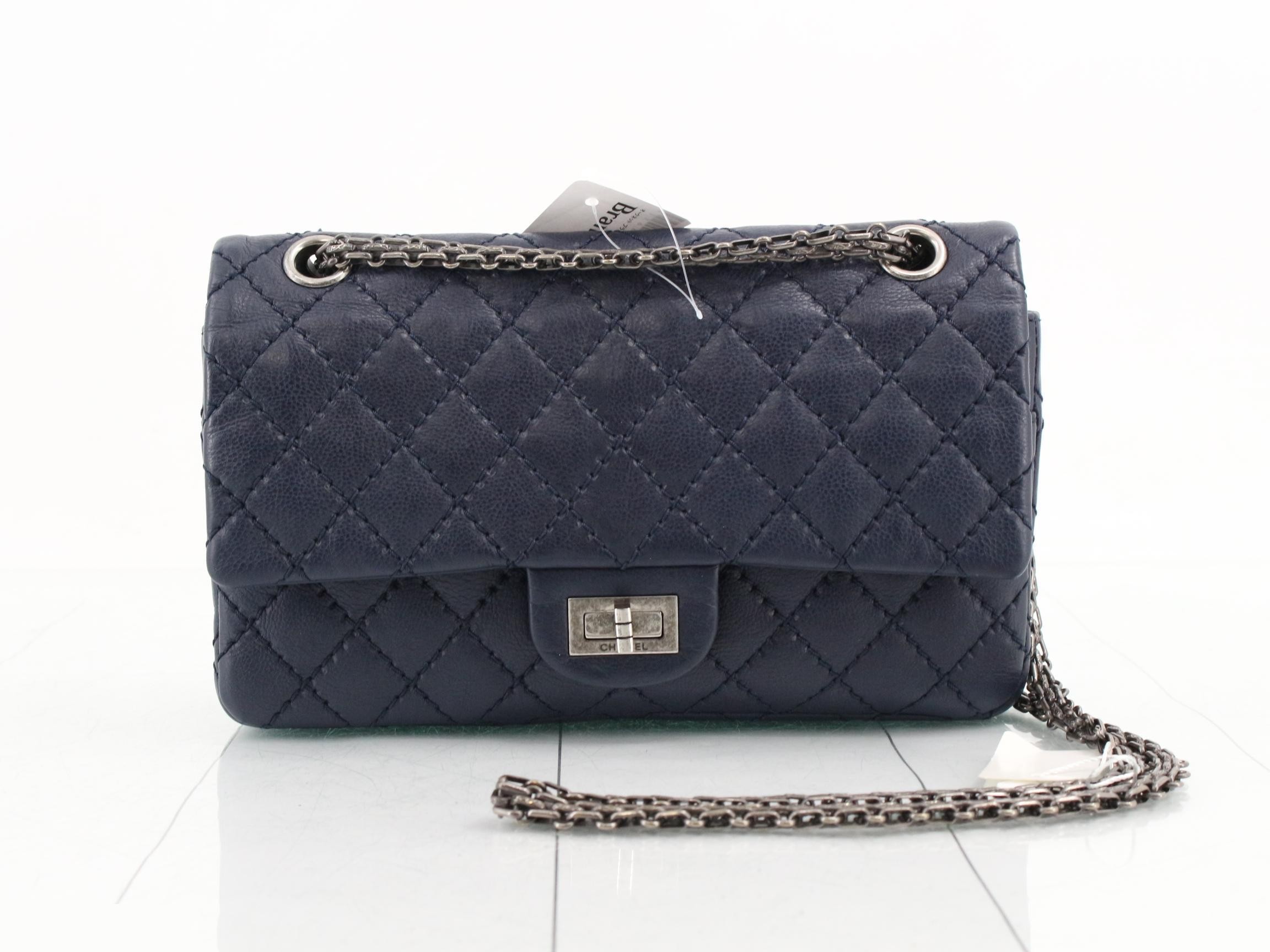 2.55 Leather Double Flap Double Chain Shoulder Bag, Navy