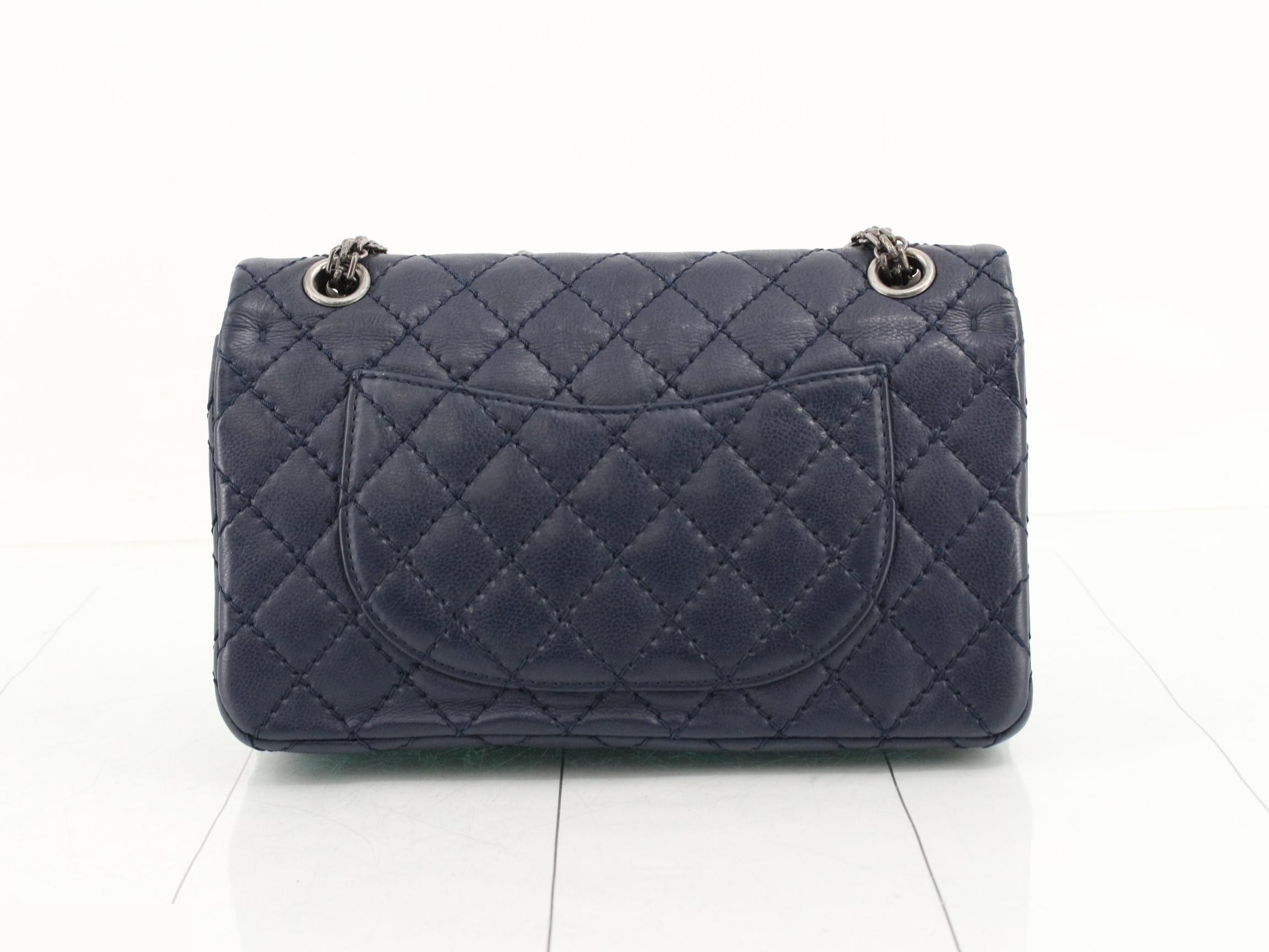 2.55 Leather Double Flap Double Chain Shoulder Bag, Navy — view 2
