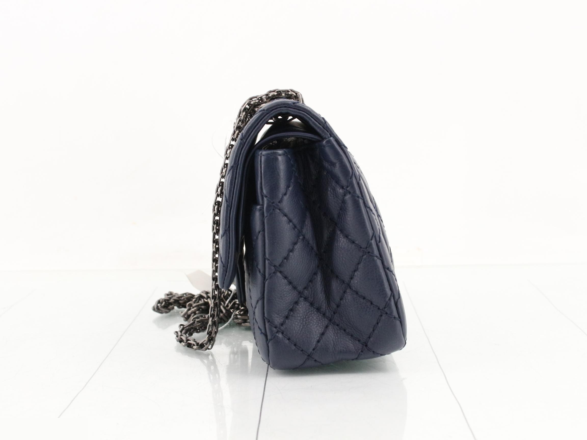 2.55 Leather Double Flap Double Chain Shoulder Bag, Navy — view 3