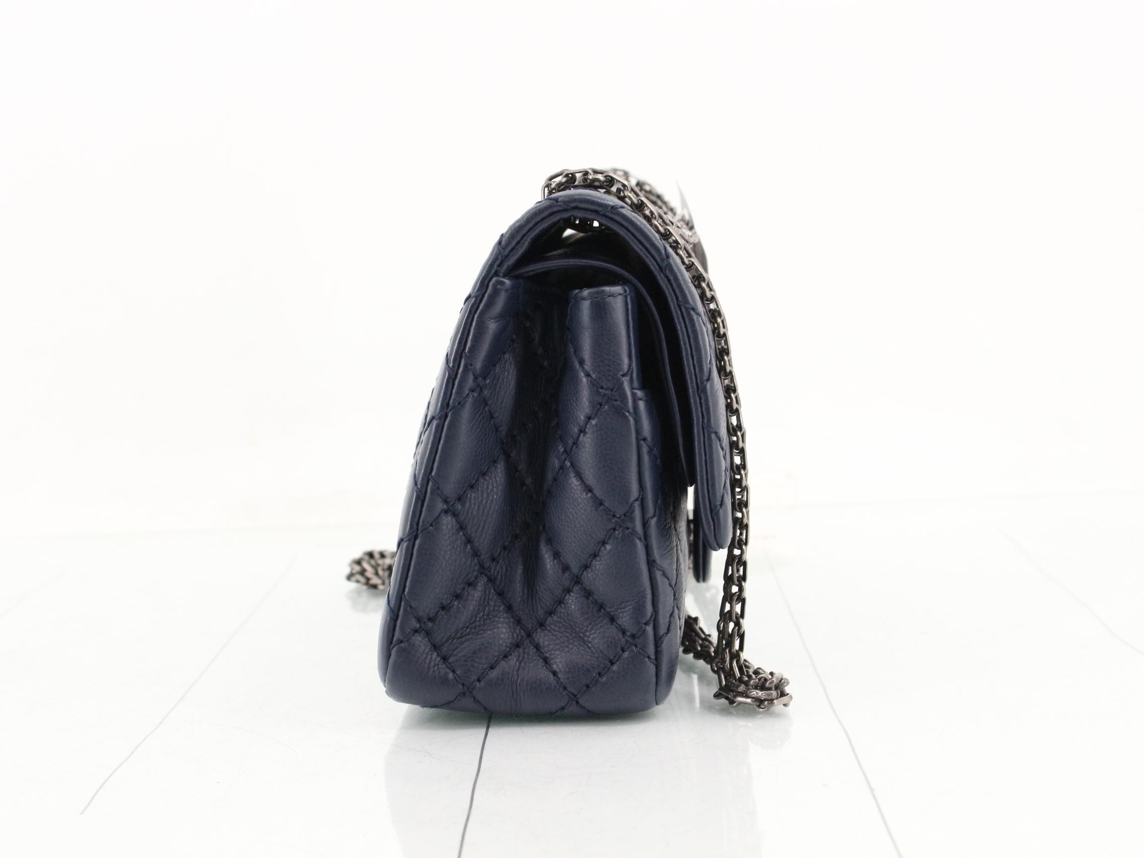 2.55 Leather Double Flap Double Chain Shoulder Bag, Navy — view 4
