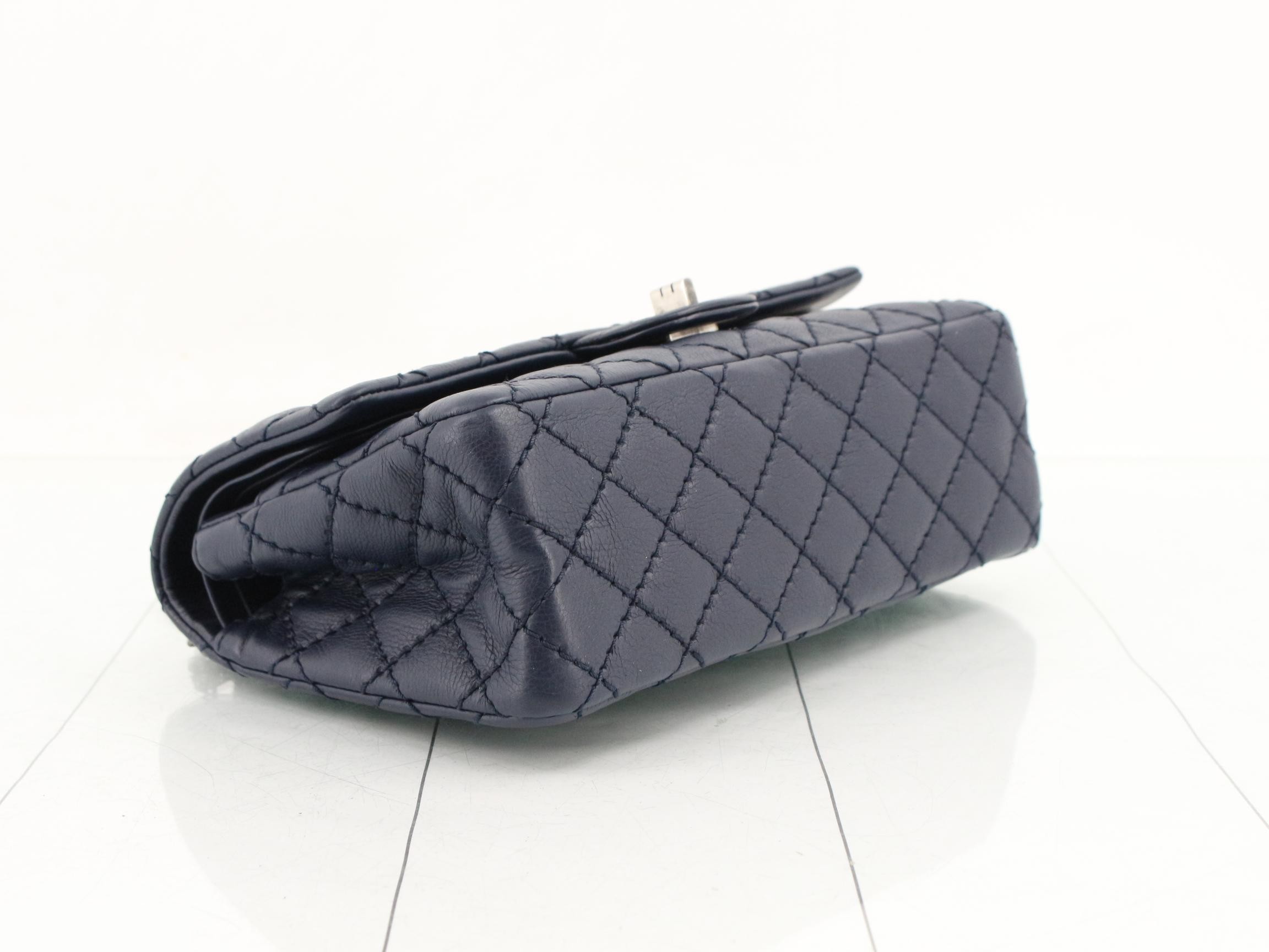 2.55 Leather Double Flap Double Chain Shoulder Bag, Navy — view 5