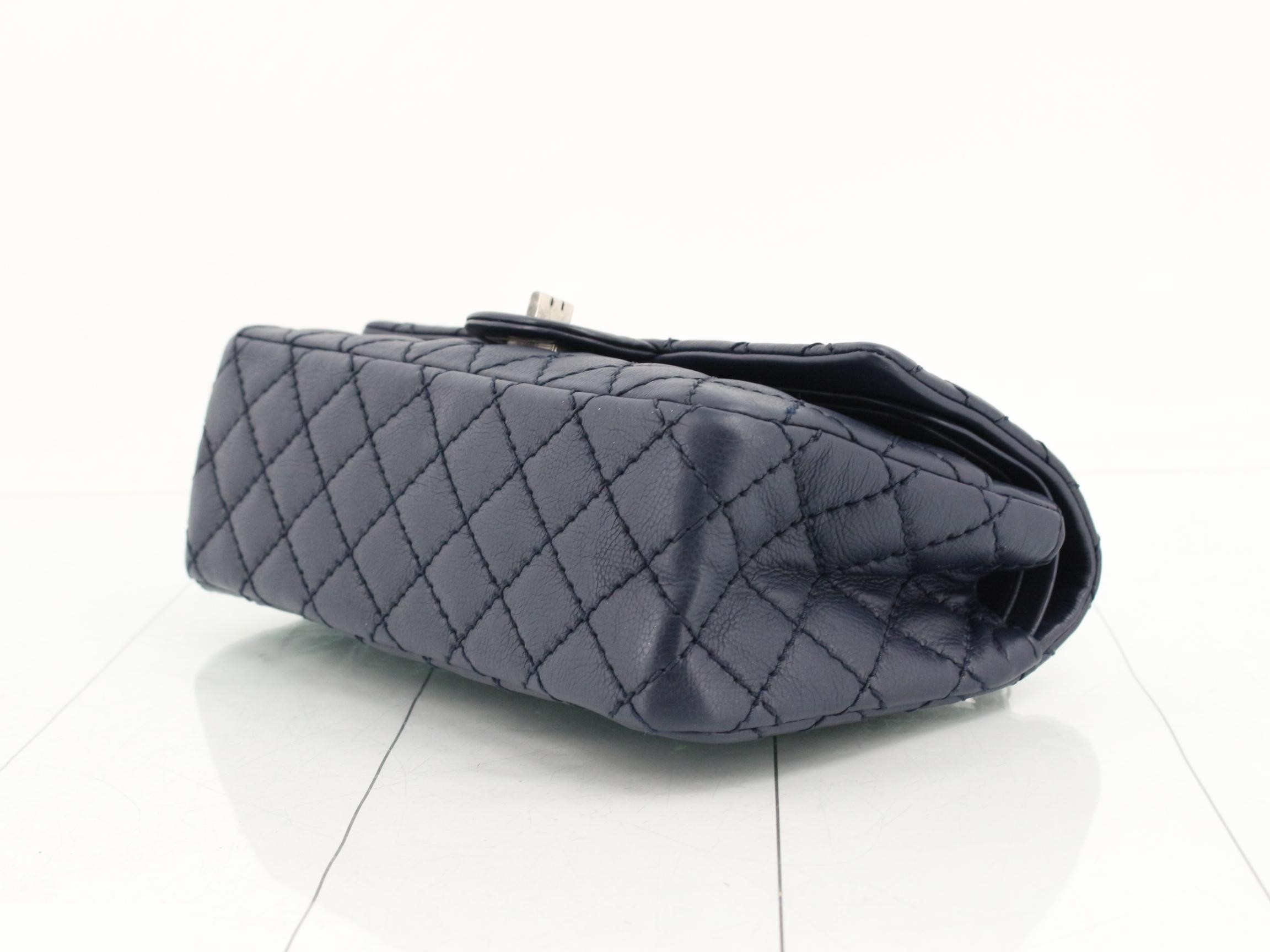 2.55 Leather Double Flap Double Chain Shoulder Bag, Navy — view 6