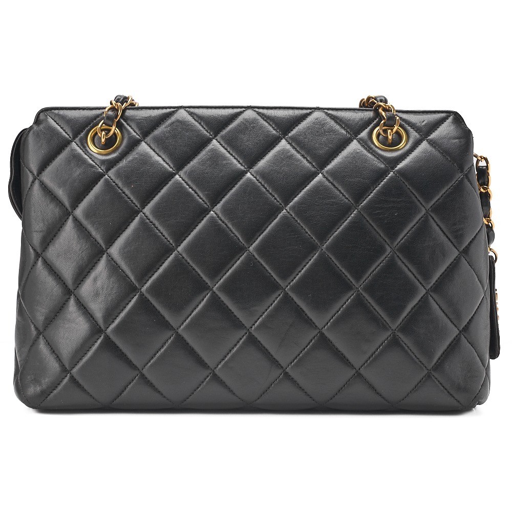 Lambskin Matelassé Logo Charm Chain Shoulder Bag, Black — view 2