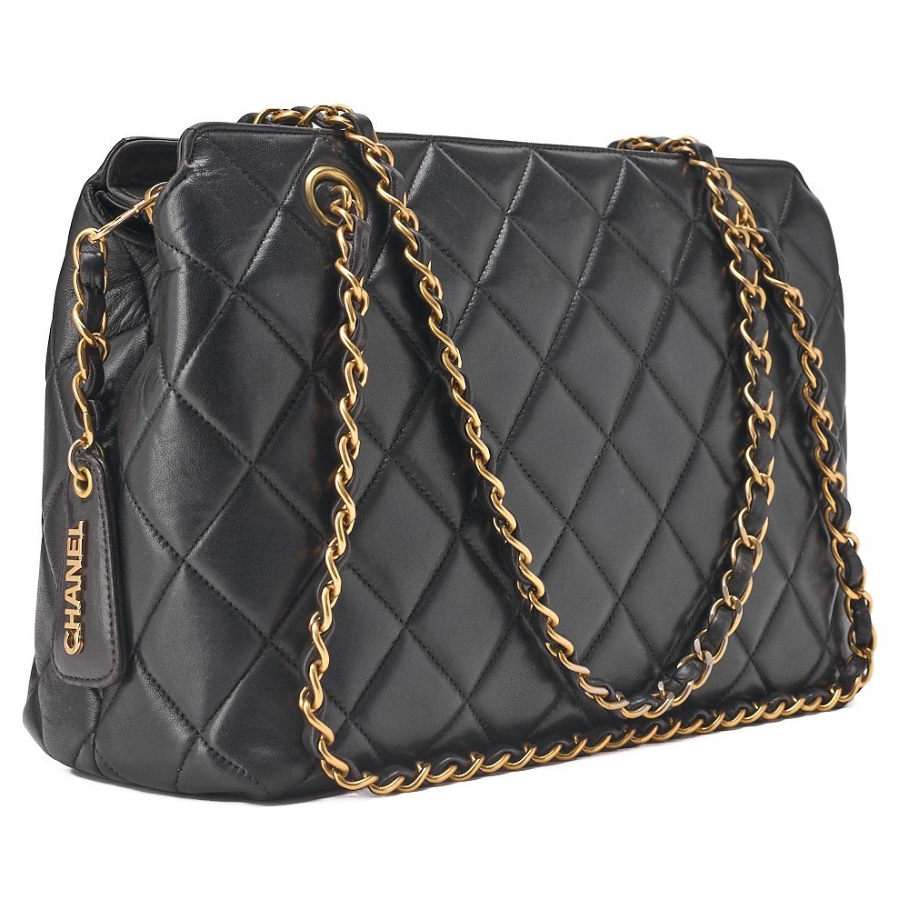 Lambskin Matelassé Logo Charm Chain Shoulder Bag, Black — view 3