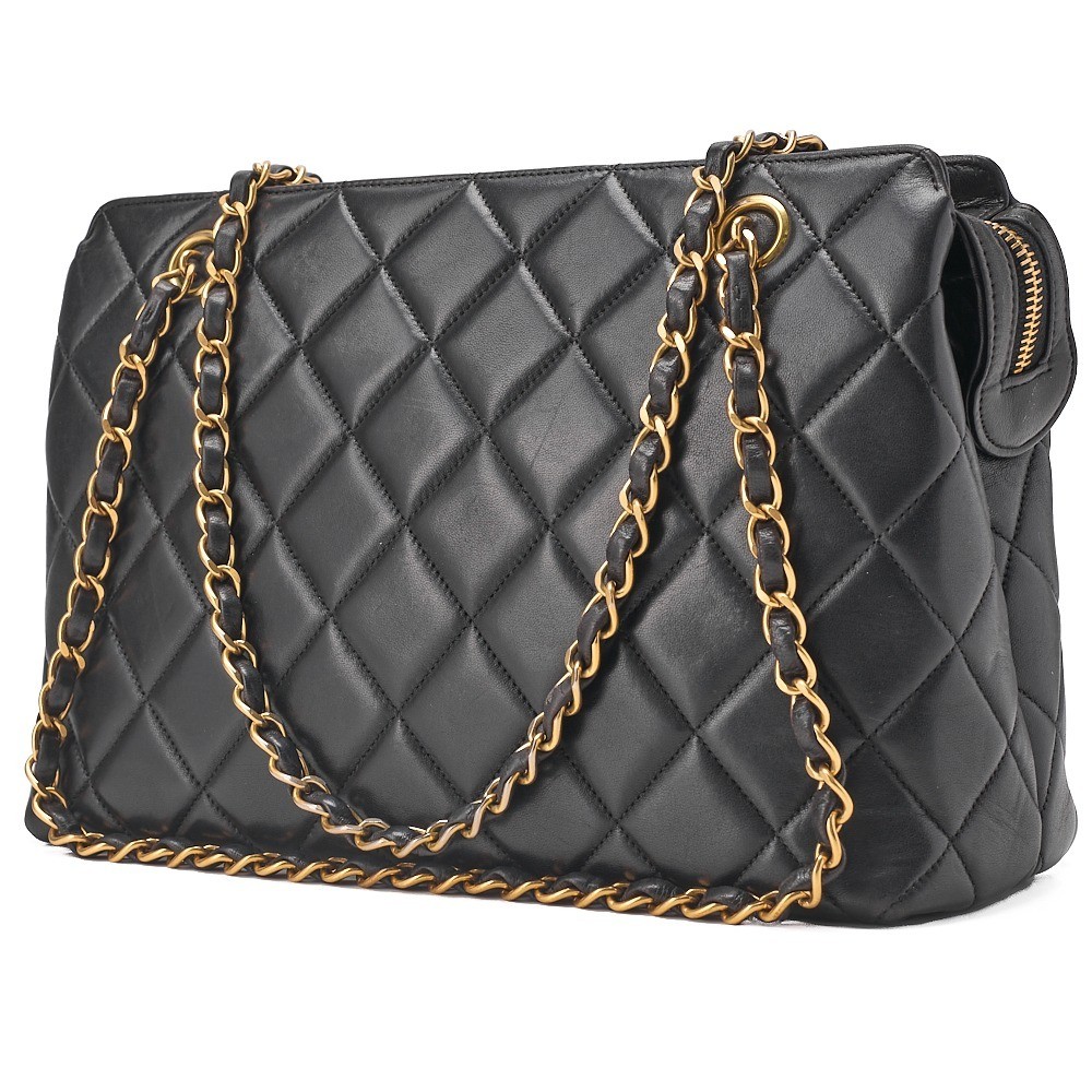 Lambskin Matelassé Logo Charm Chain Shoulder Bag, Black — view 4