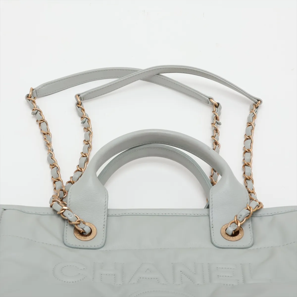 Deauville MM Leather 2-Way Tote Bag, Gray with Gold Hardware, HLC512A0, Random Plate — view 6