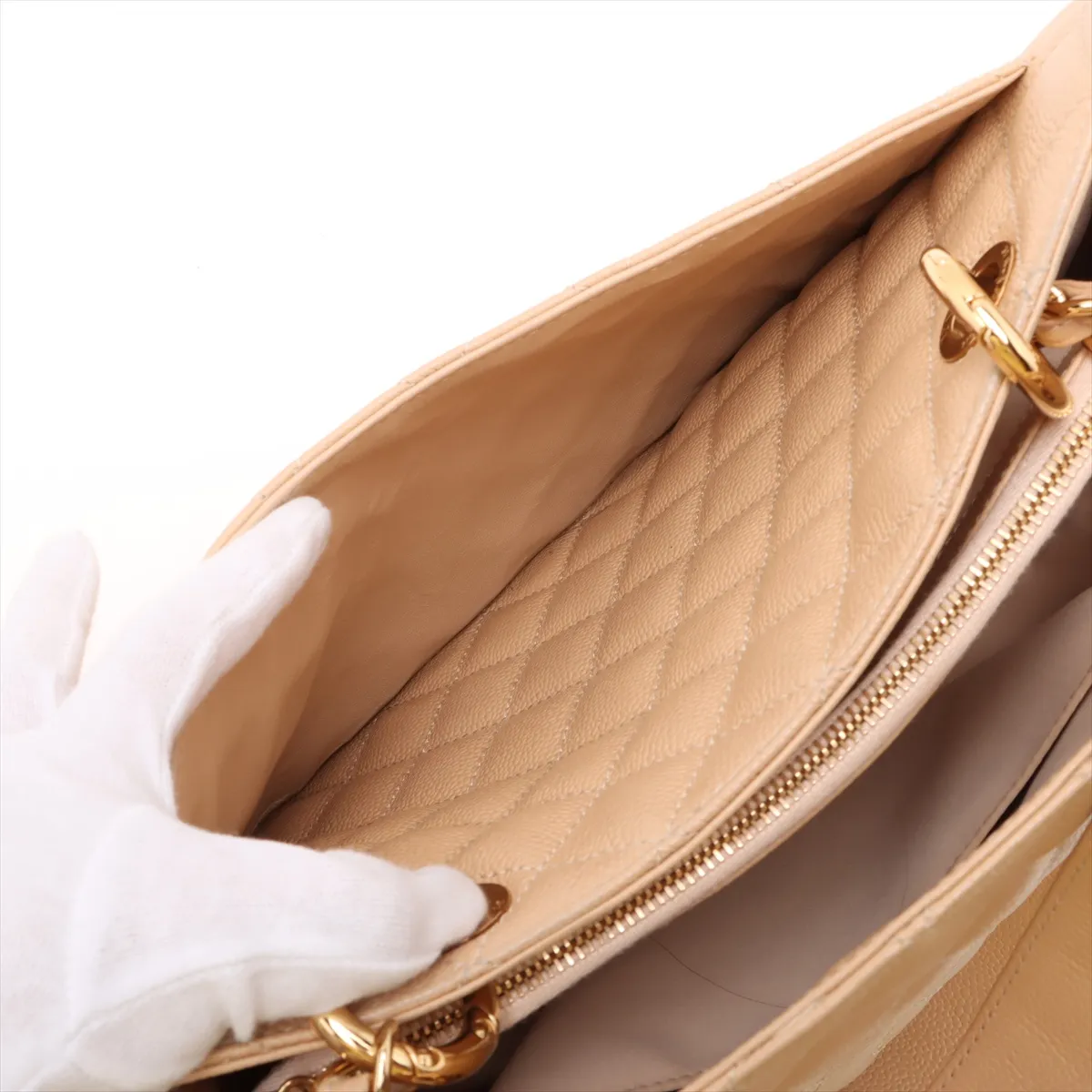 GST Caviar Skin Chain Tote Bag, Beige with Gold Hardware, Item No. 18390700, Series No. 18 — view 12