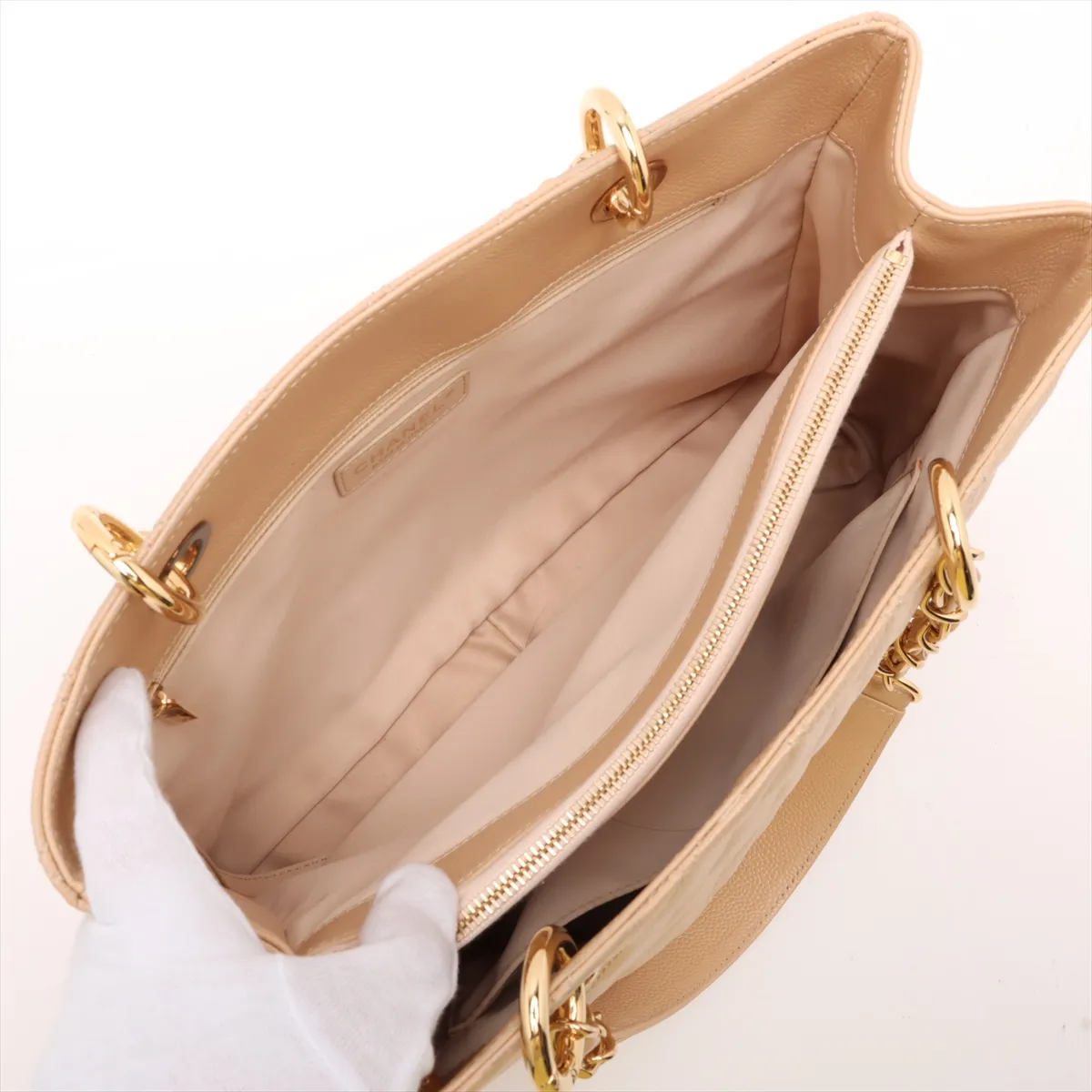 GST Caviar Skin Chain Tote Bag, Beige with Gold Hardware, Item No. 18390700, Series No. 18 — view 10