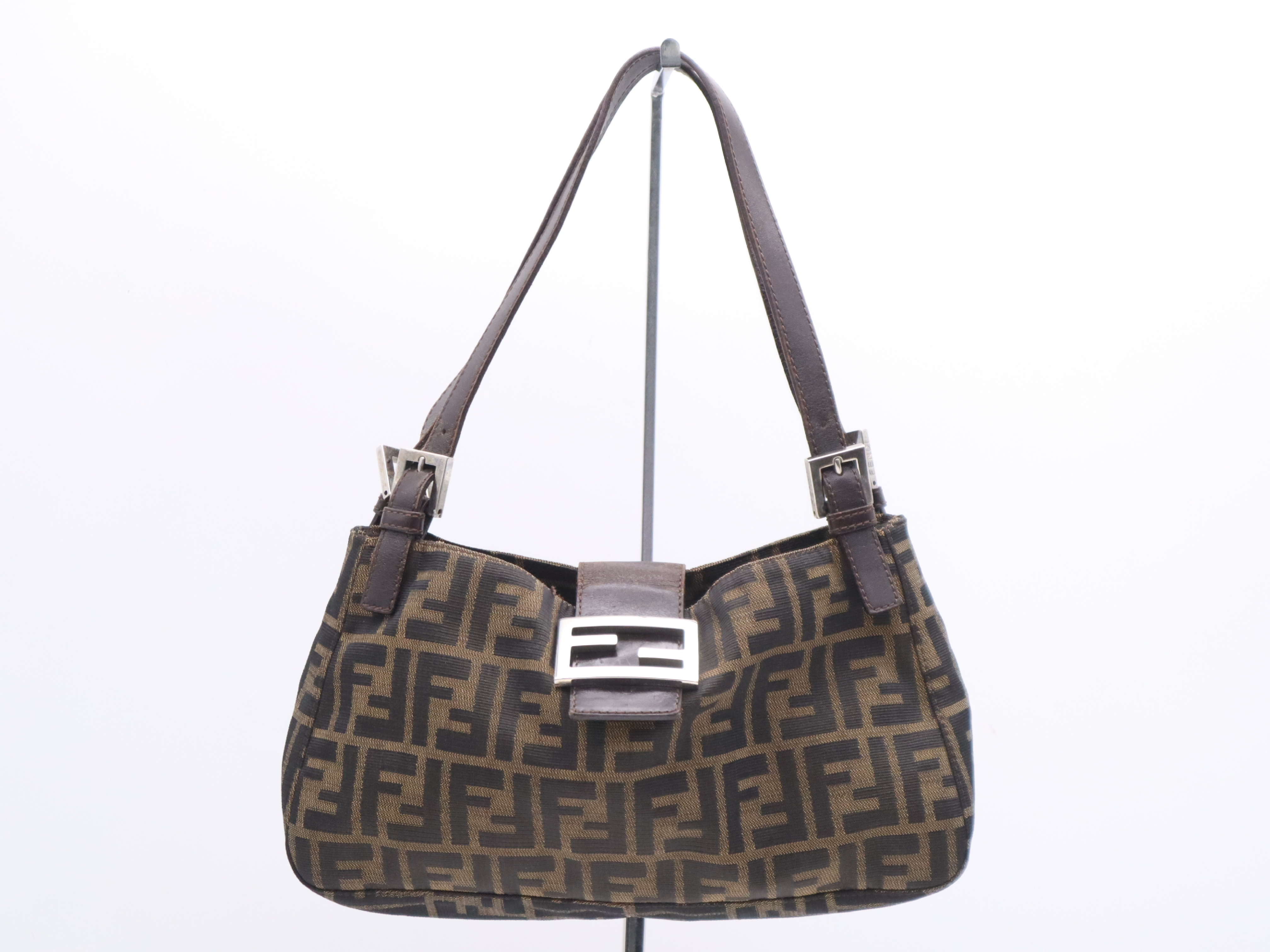Canvas x Leather Zucca Brown Shoulder Bag with Silver Hardware