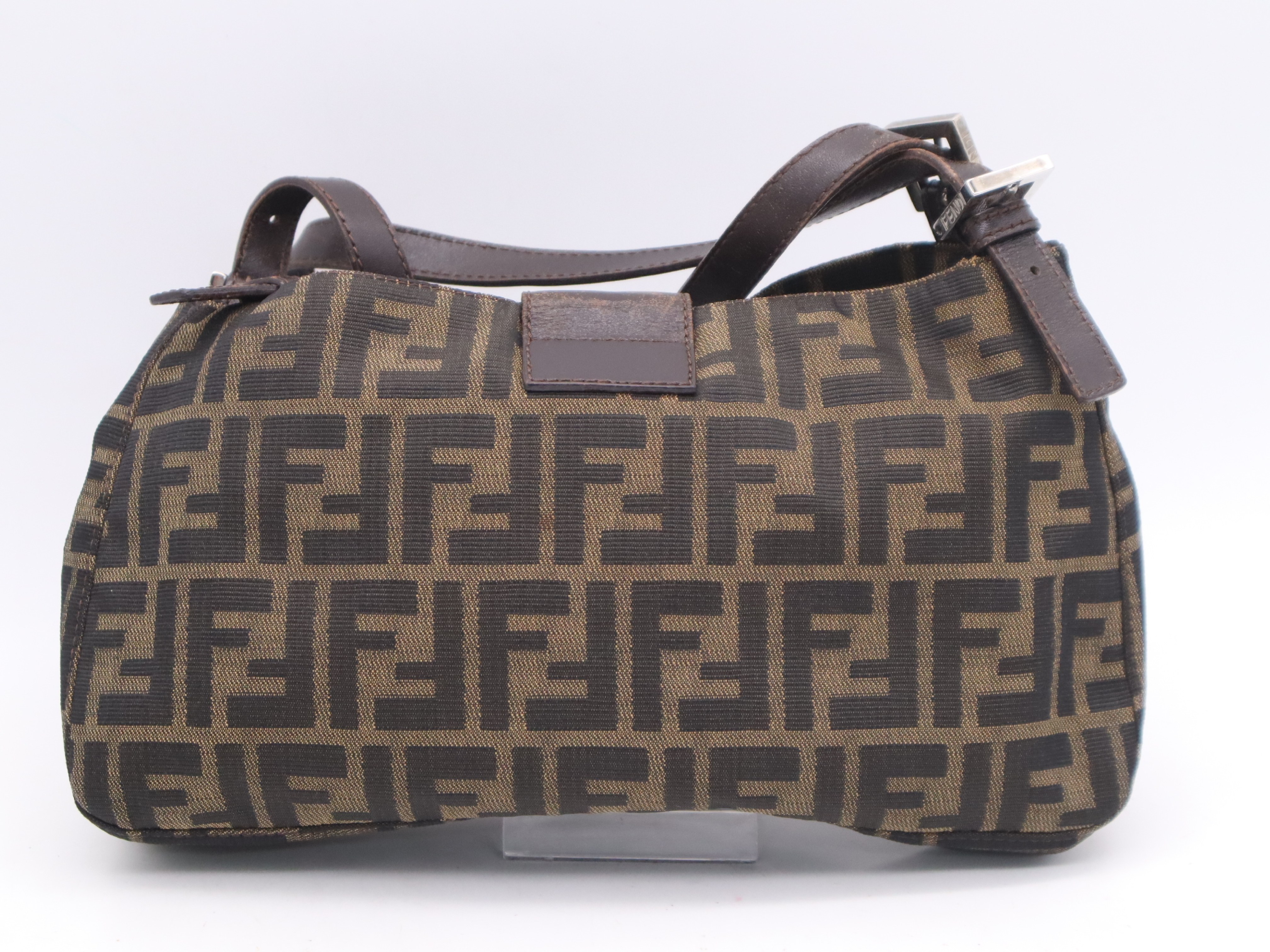 Canvas x Leather Zucca Brown Shoulder Bag with Silver Hardware — view 2