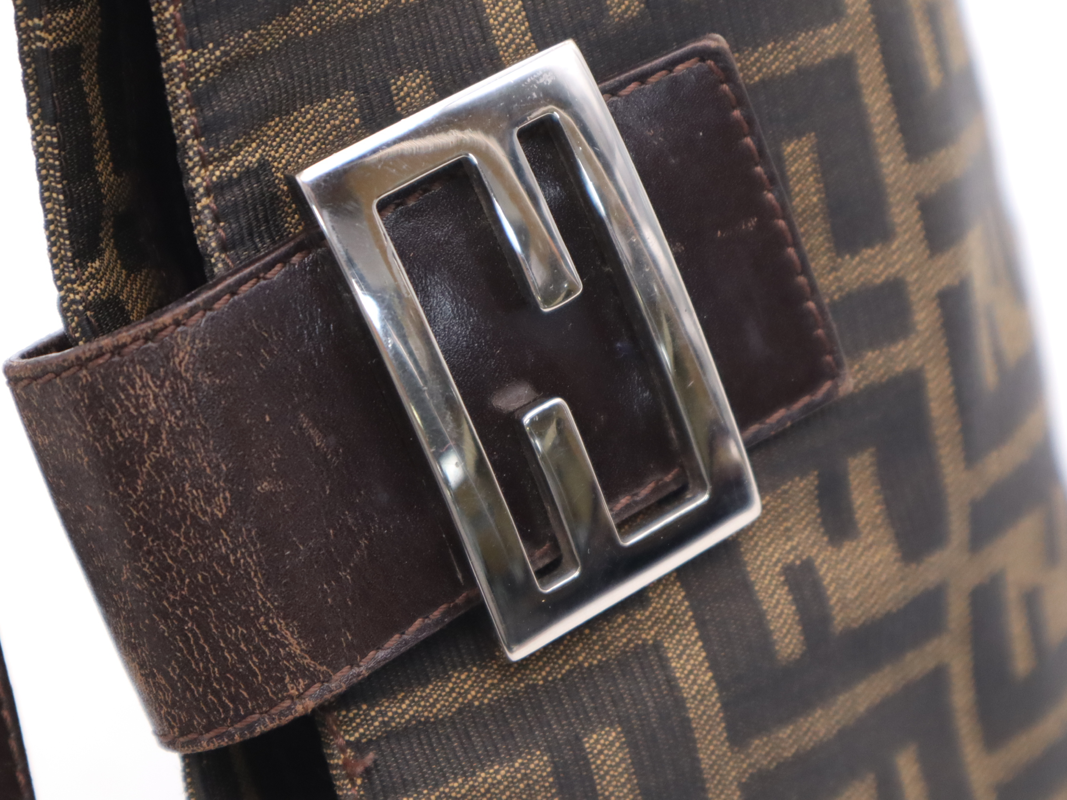 Canvas x Leather Zucca Brown Shoulder Bag with Silver Hardware — view 11