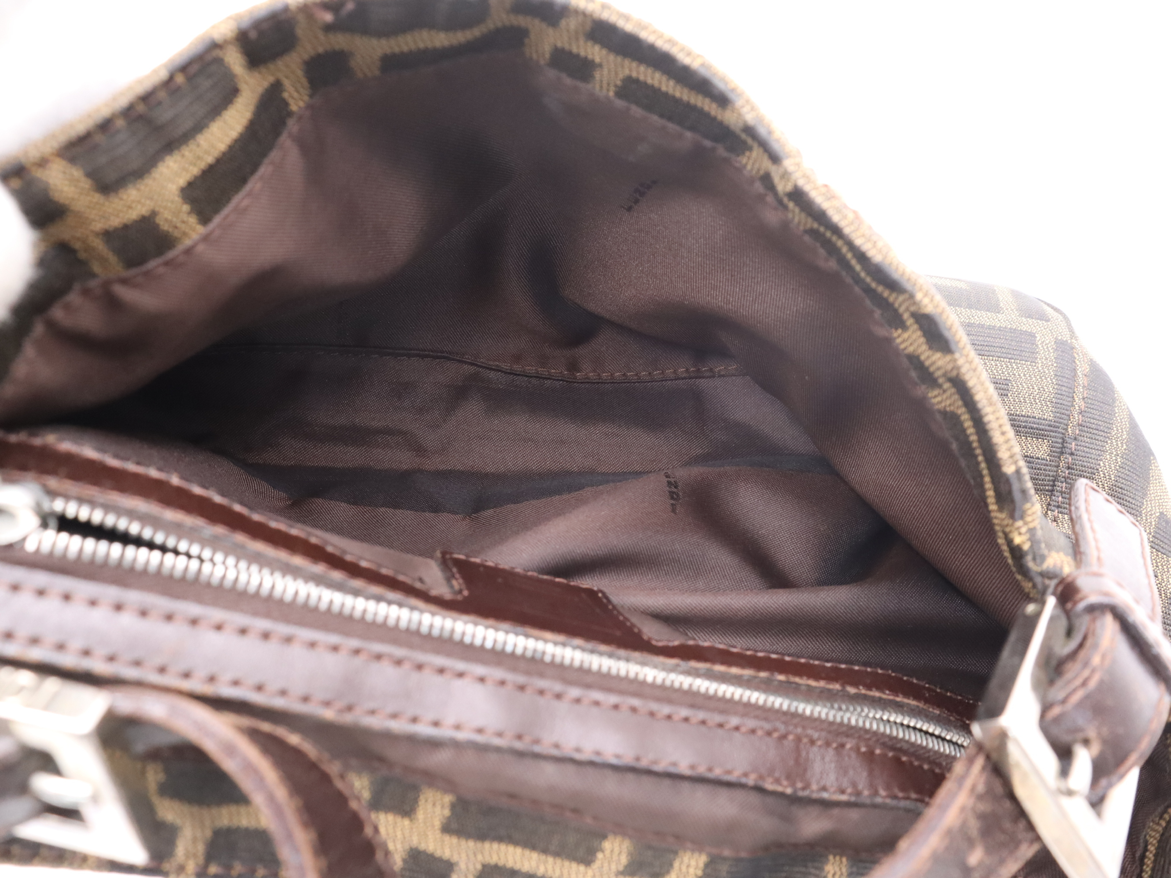 Canvas x Leather Zucca Brown Shoulder Bag with Silver Hardware — view 12